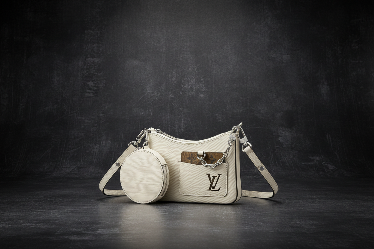 Designer handbag with matching round pouch on a white background