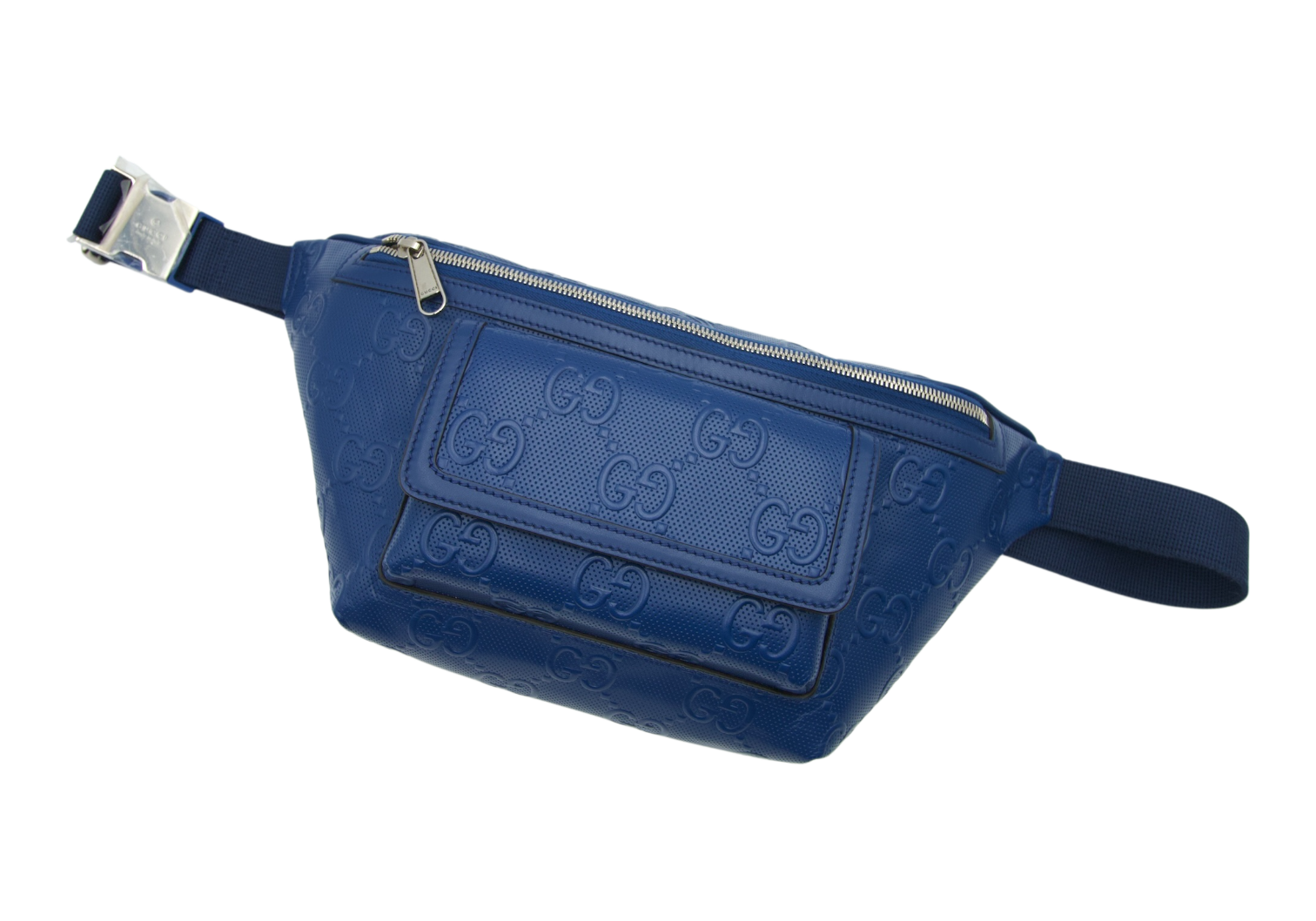 Gucci Calfskin GG Tennis Embossed Pocket Belt Bag 90 Intense Metal Blue