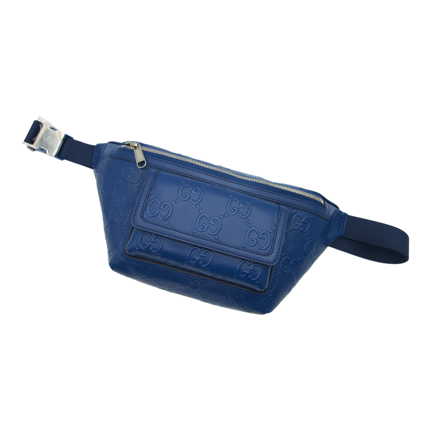 Gucci Calfskin GG Tennis Embossed Pocket Belt Bag 90 Intense Metal Blue