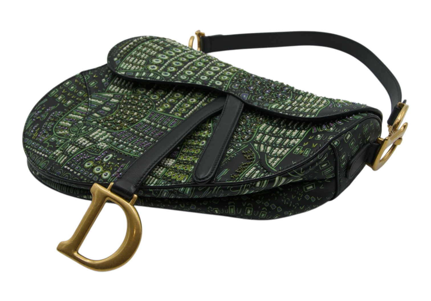 Dior Saddle Bag Green Embroidered Canvas
