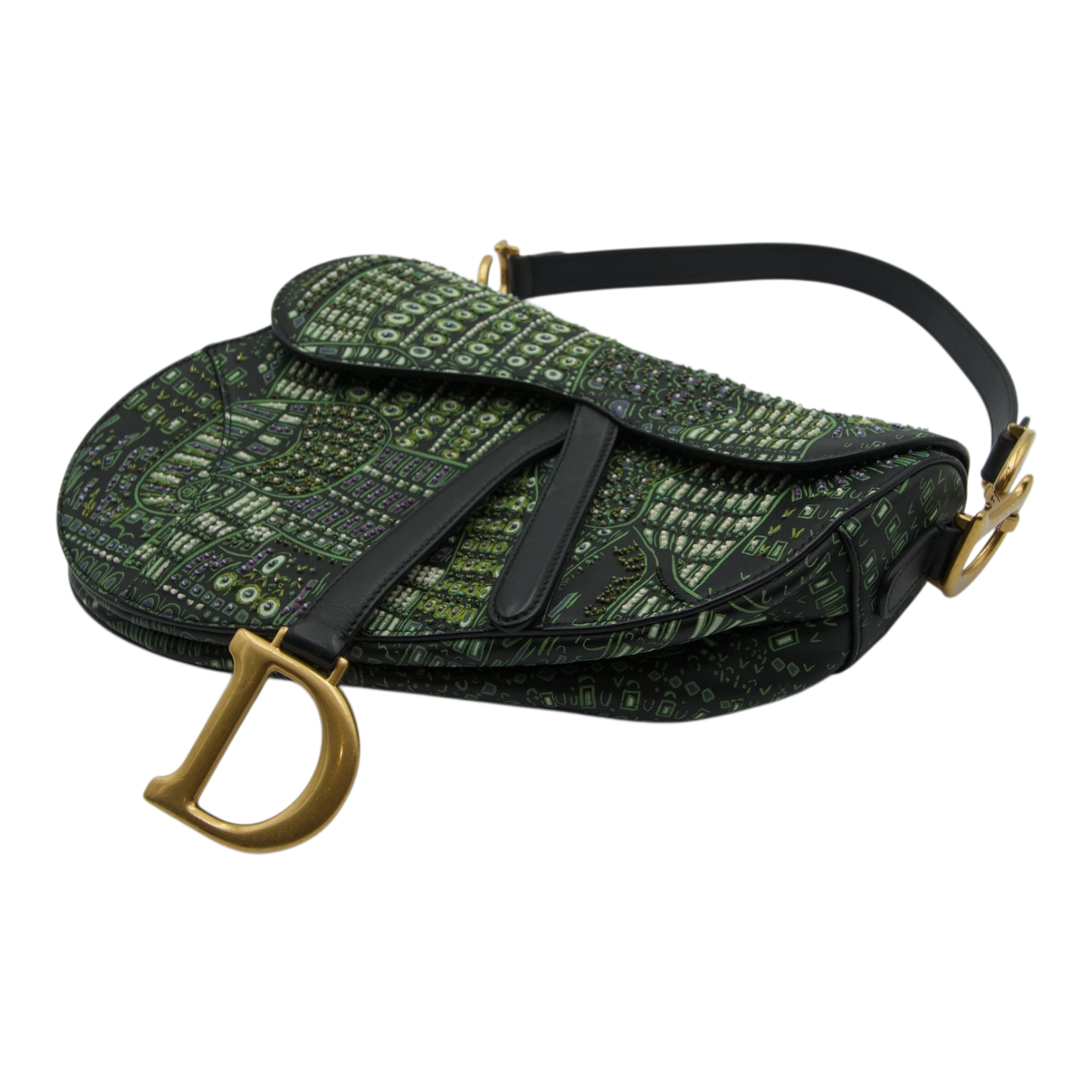 Dior Saddle Bag Green Embroidered Canvas