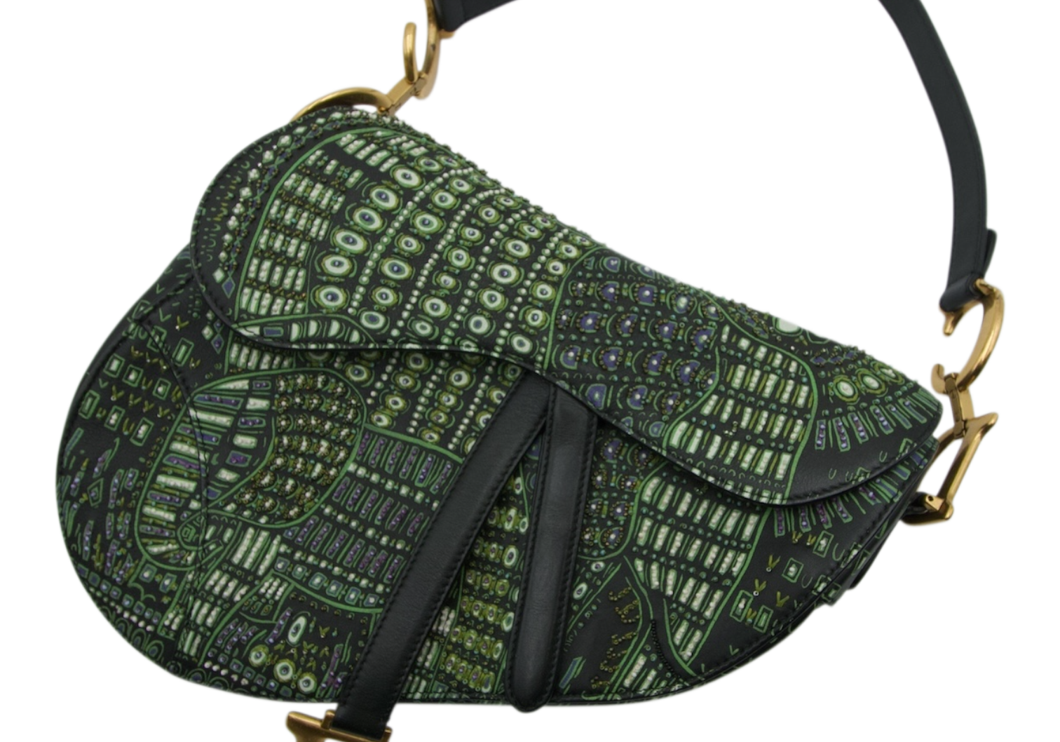 Dior Saddle Bag Green Embroidered Canvas