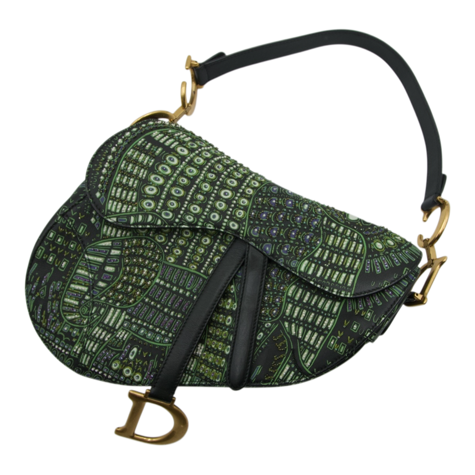 Dior Saddle Bag Green Embroidered Canvas