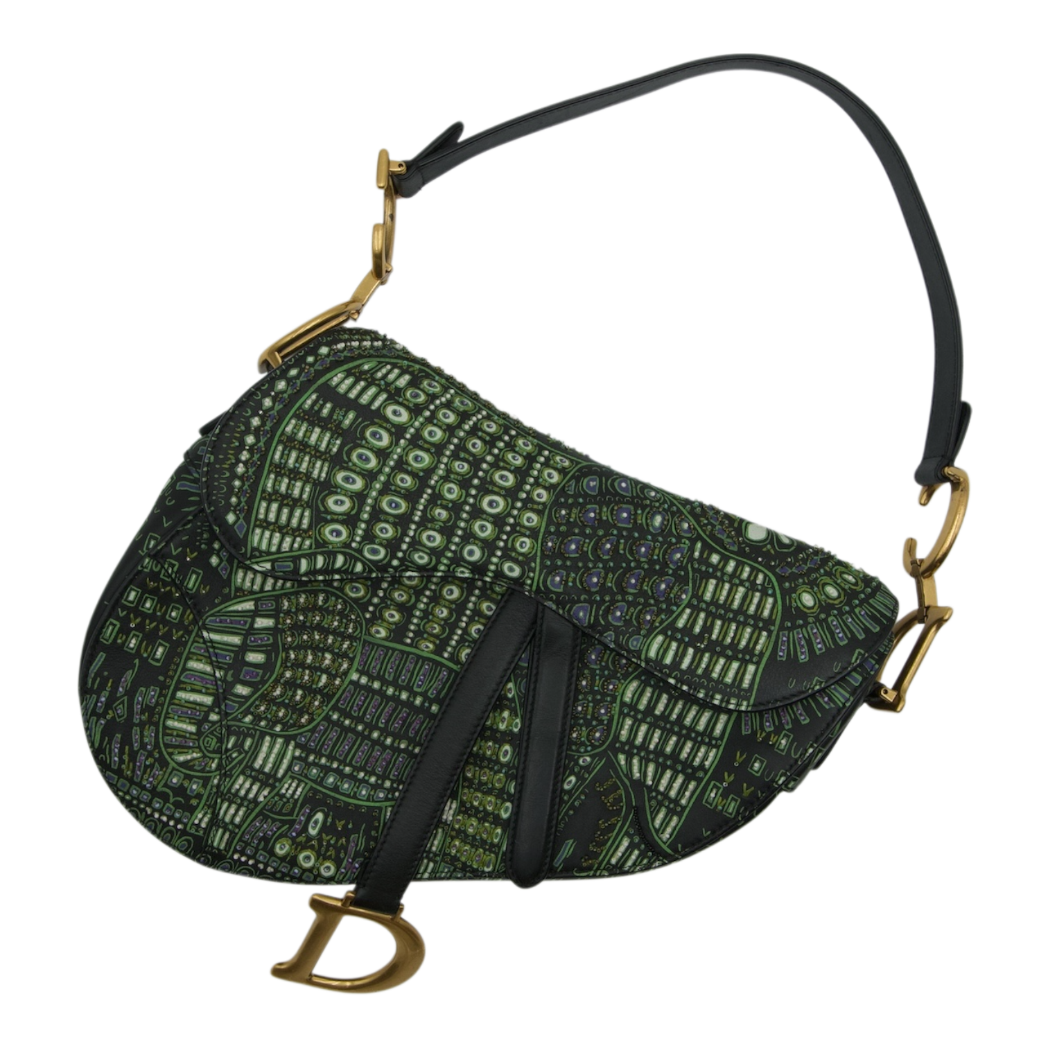 Dior Saddle Bag Green Embroidered Canvas