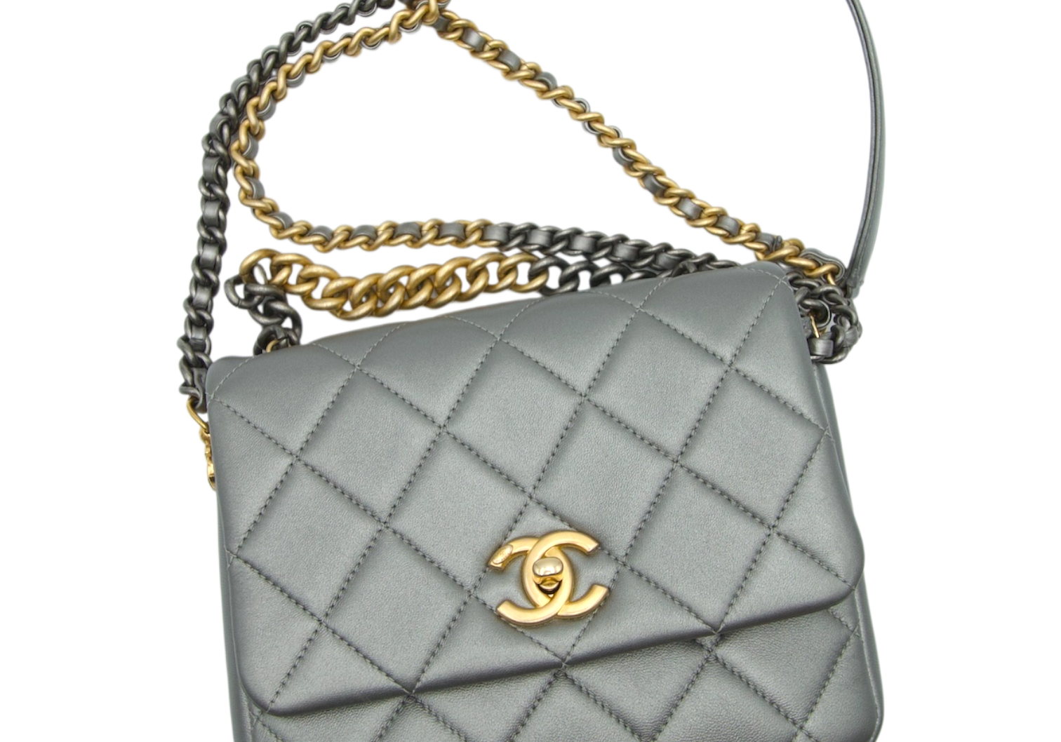Chanel Side Note Single Flap Bag Grey Quilted Leather