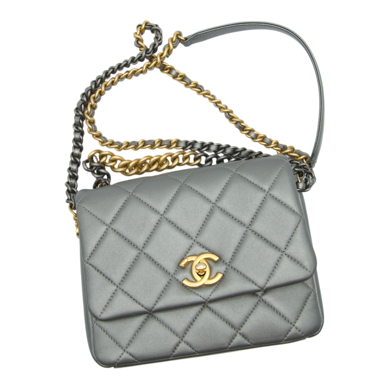 Chanel Side Note Single Flap Bag Grey Quilted Leather