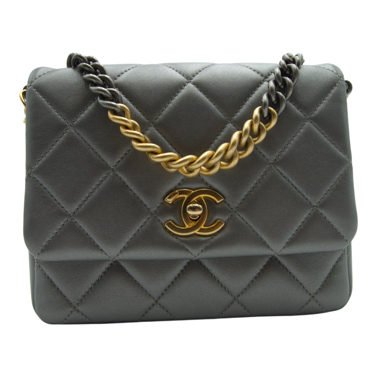 Chanel Side Note Single Flap Bag Grey Quilted Leather