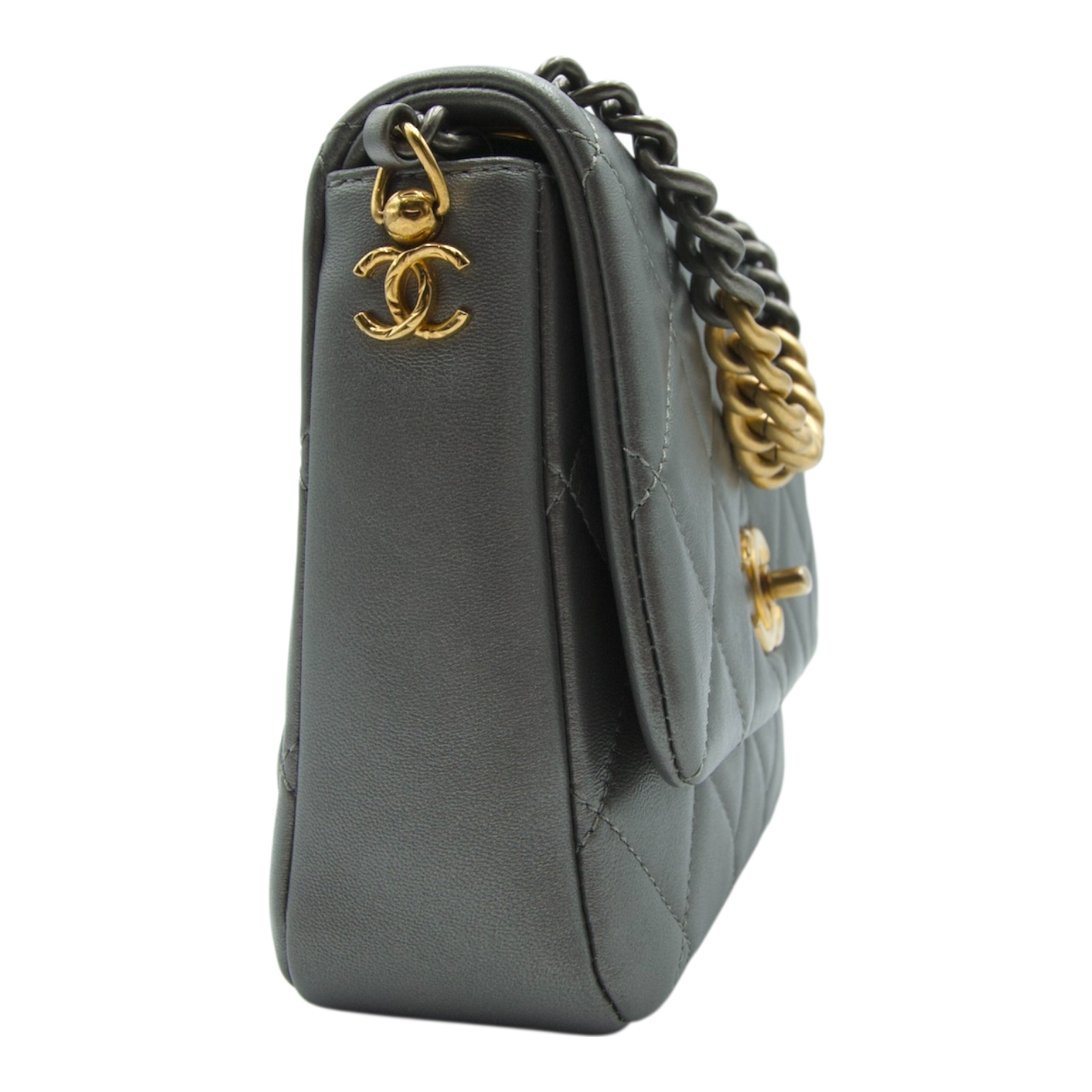 Chanel Side Note Single Flap Bag Grey Quilted Leather