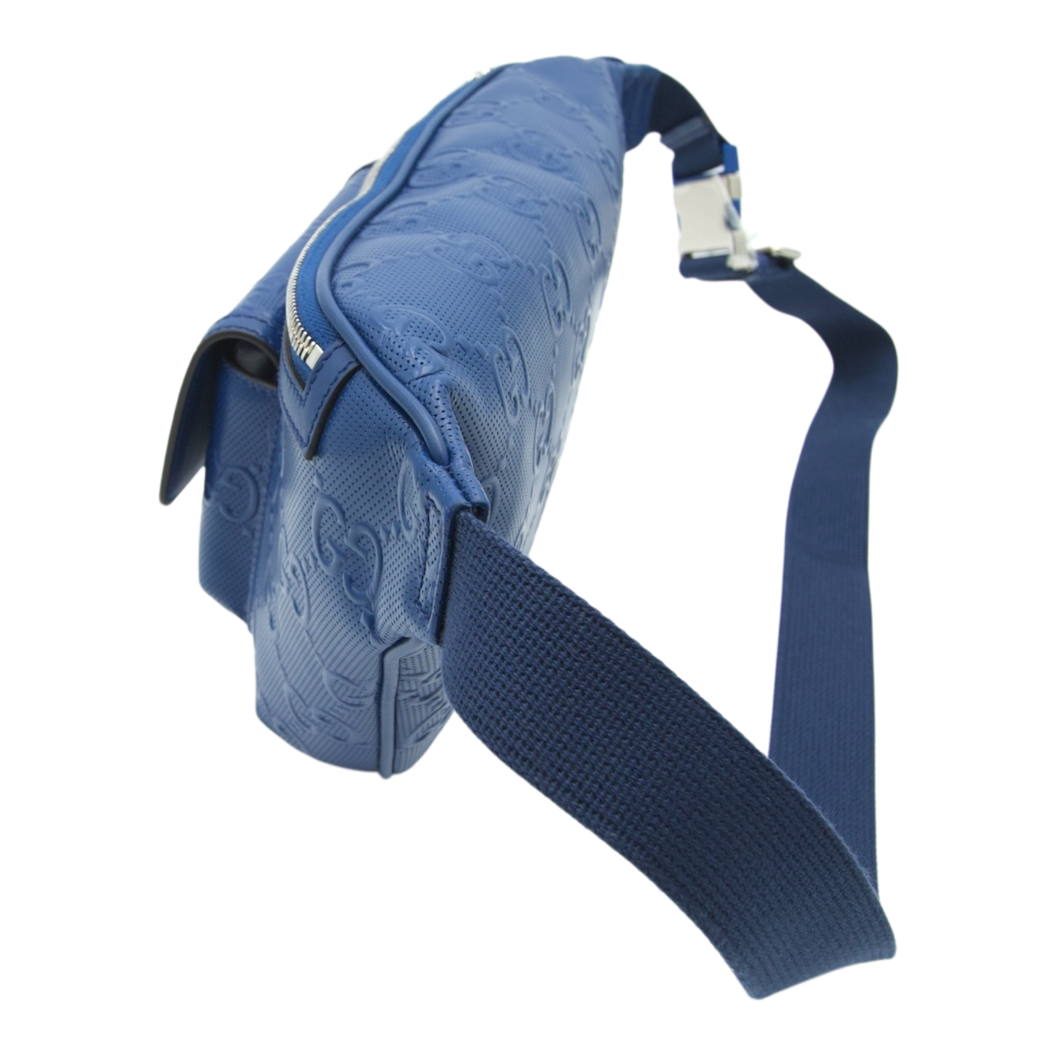 Gucci Calfskin GG Tennis Embossed Pocket Belt Bag 90 Intense Metal Blue