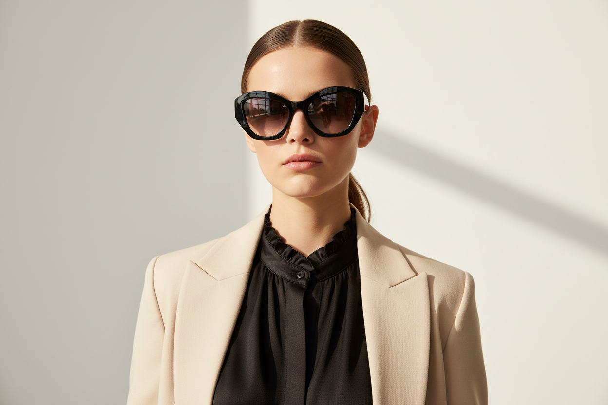 Black cat-eye sunglasses with gradient lenses on a white background