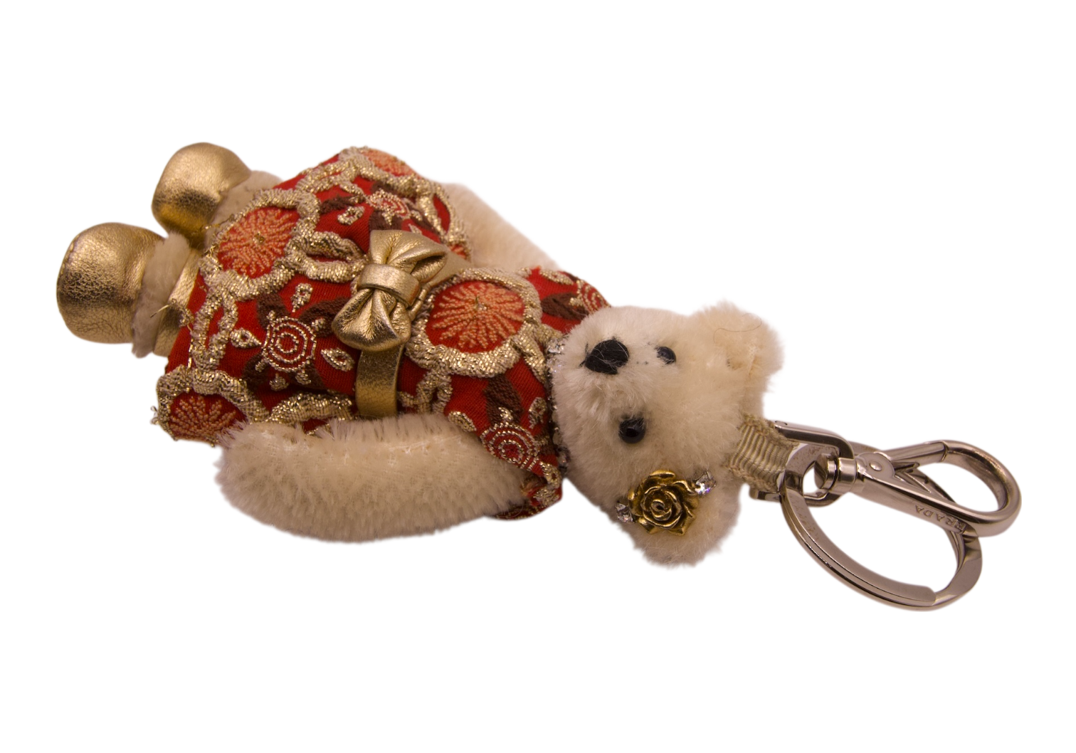 Prada Embroidered Plush Bear Bag Charm Beige/Red