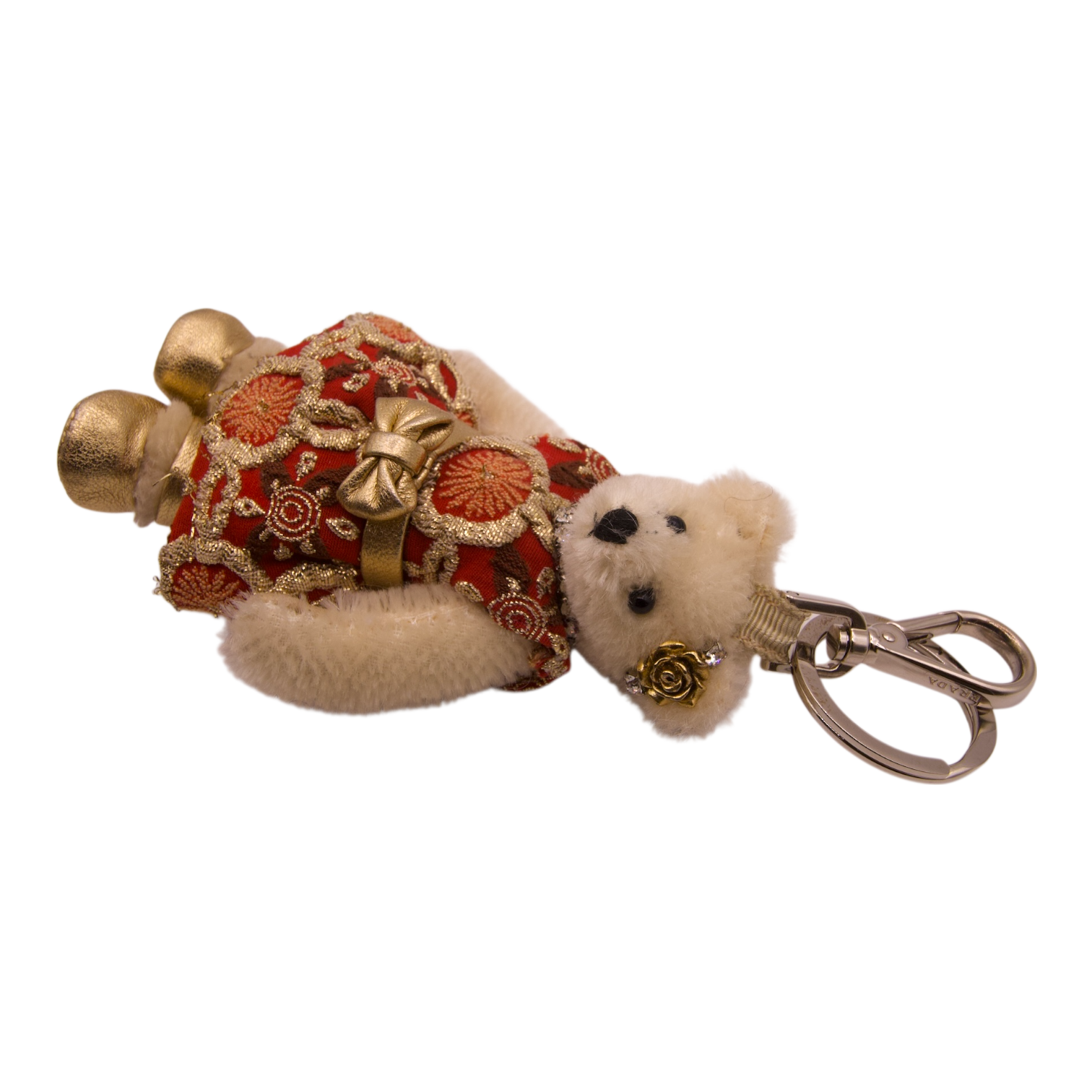 Prada Embroidered Plush Bear Bag Charm Beige/Red