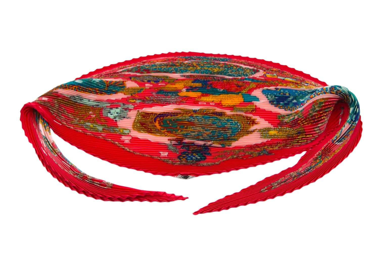 Hermès red multicolor plissé silk scarf