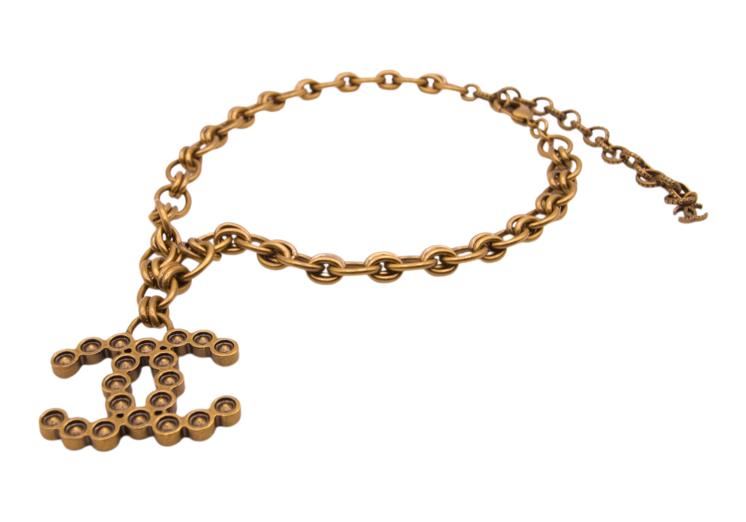 Chanel Antique Gold Tone Crystal CC Pendant Necklace