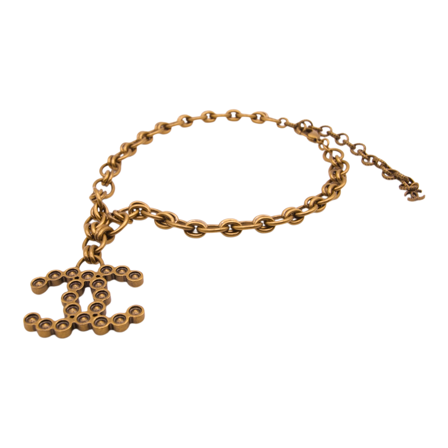 Chanel Antique Gold Tone Crystal CC Pendant Necklace