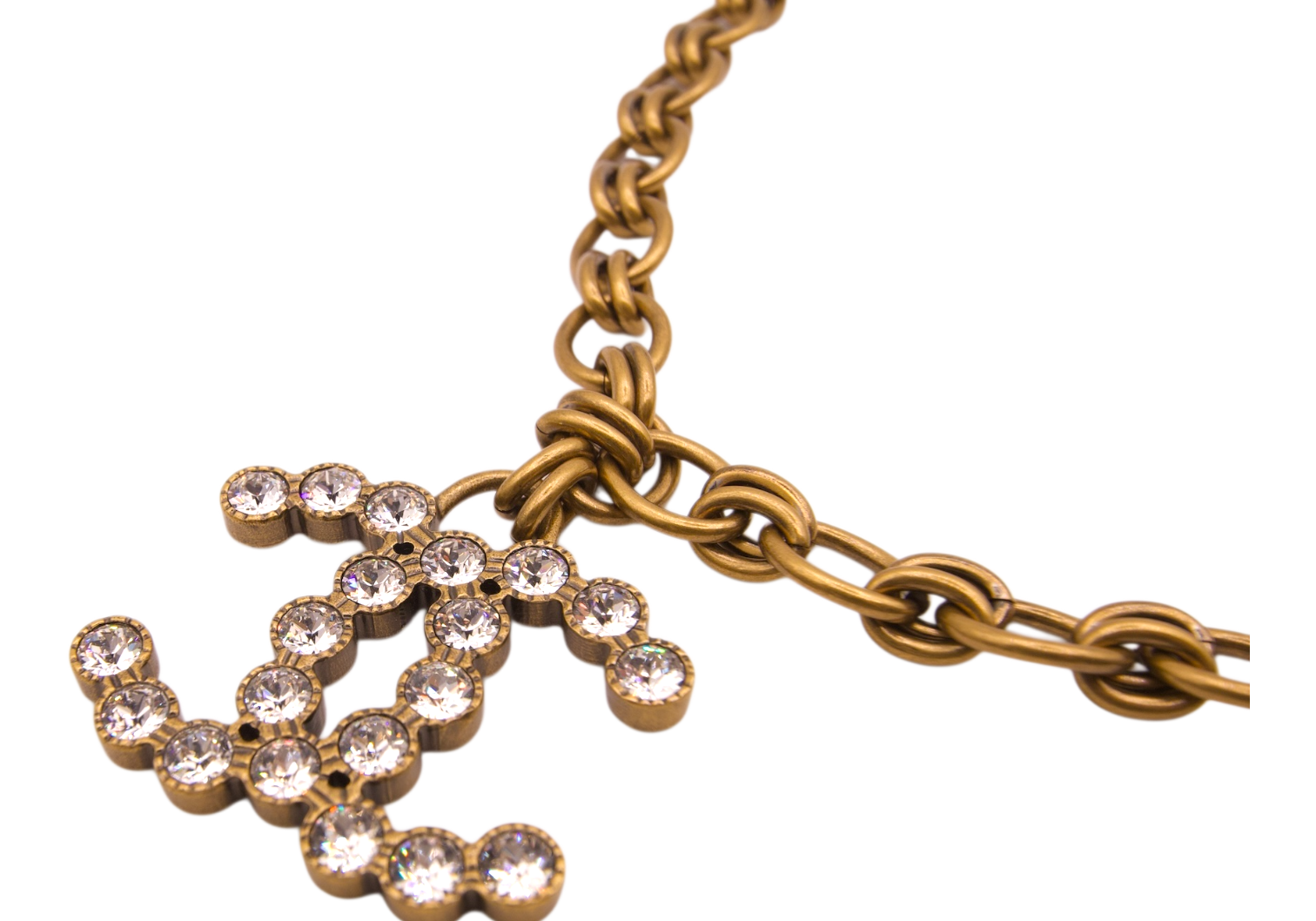 Chanel Antique Gold Tone Crystal CC Pendant Necklace