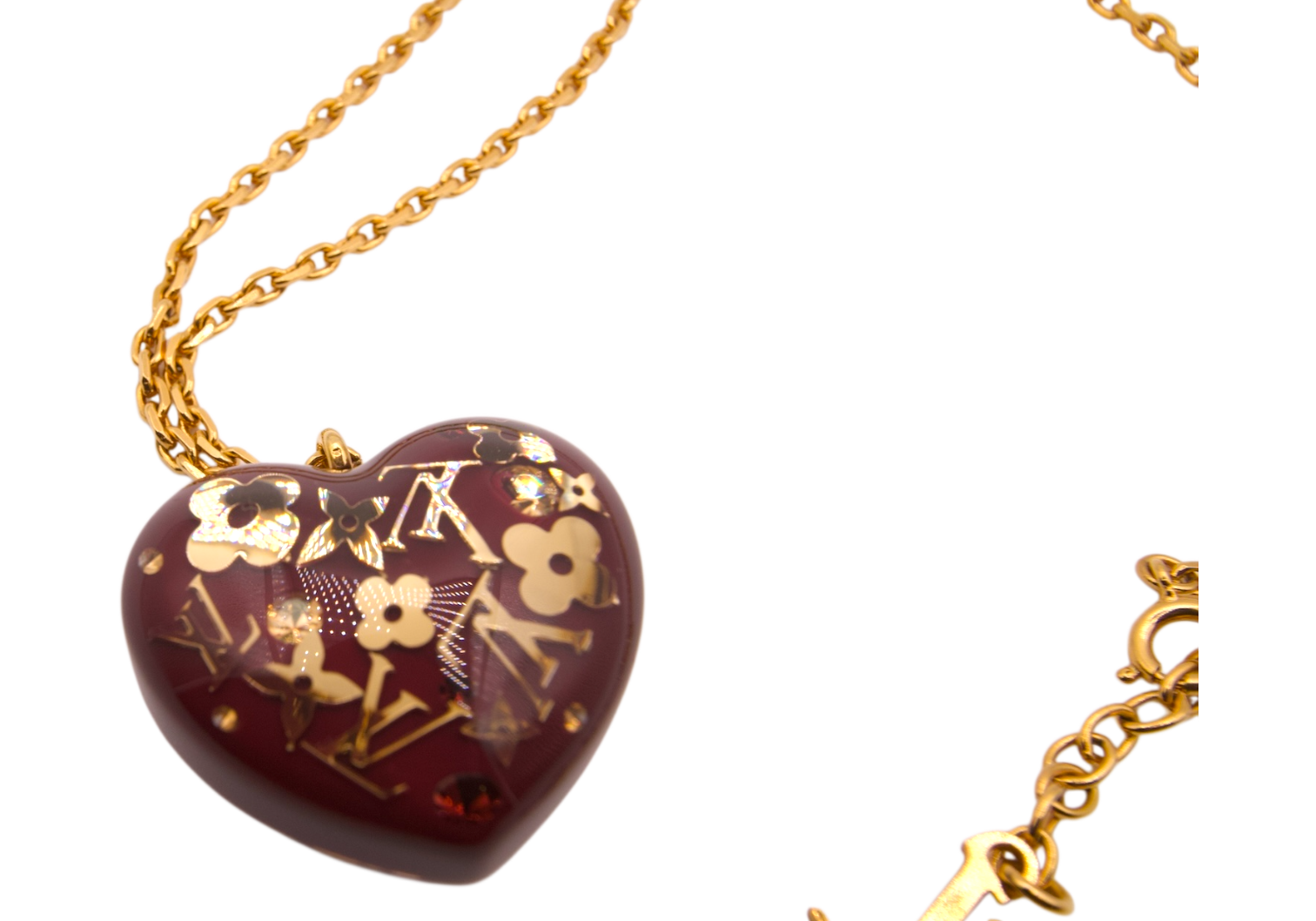 Louis Vuitton Gold & Burgundy Monogram Heart Necklace