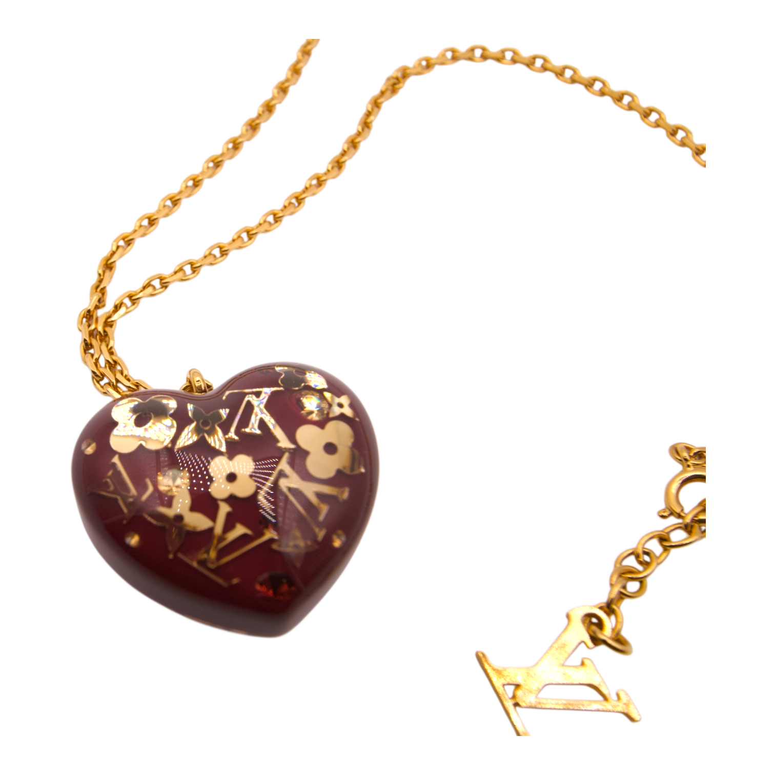 Louis Vuitton Gold & Burgundy Monogram Heart Necklace