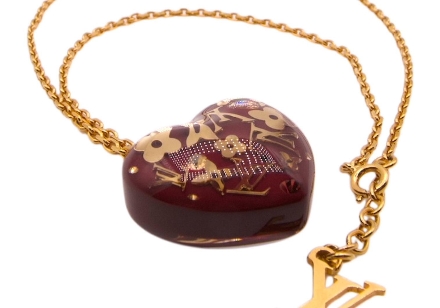 Louis Vuitton Gold & Burgundy Monogram Heart Necklace