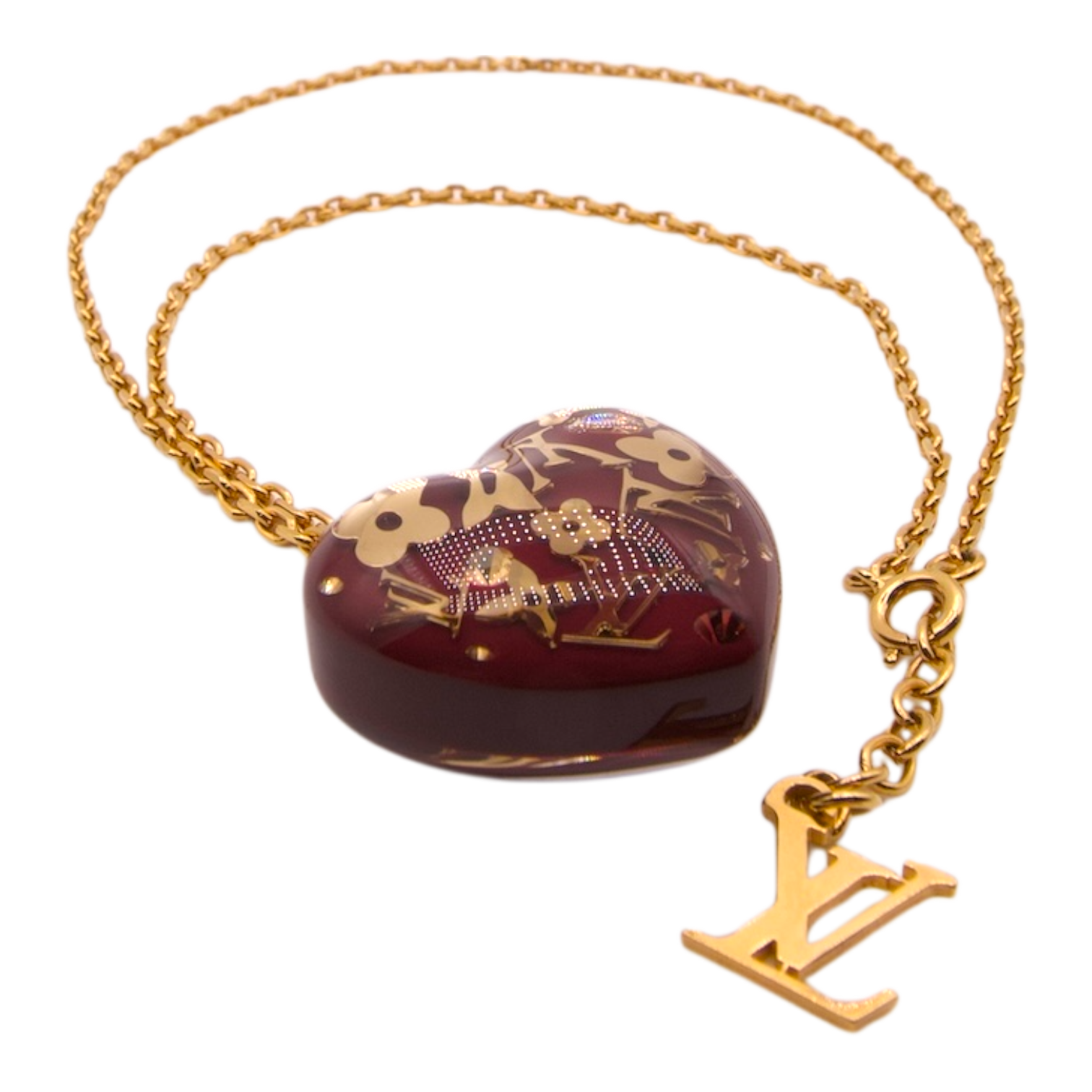 Louis Vuitton Gold & Burgundy Monogram Heart Necklace
