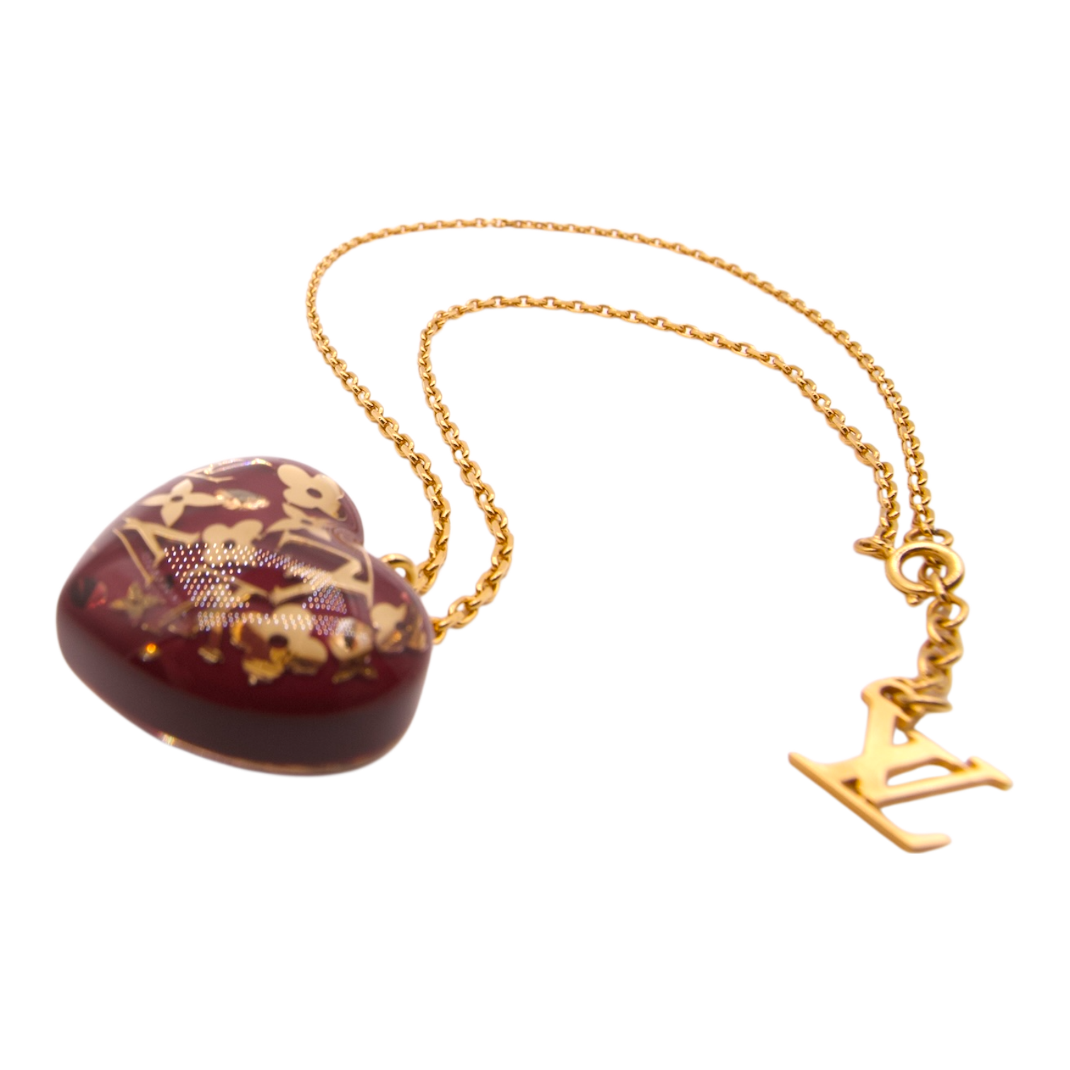 Louis Vuitton Gold & Burgundy Monogram Heart Necklace