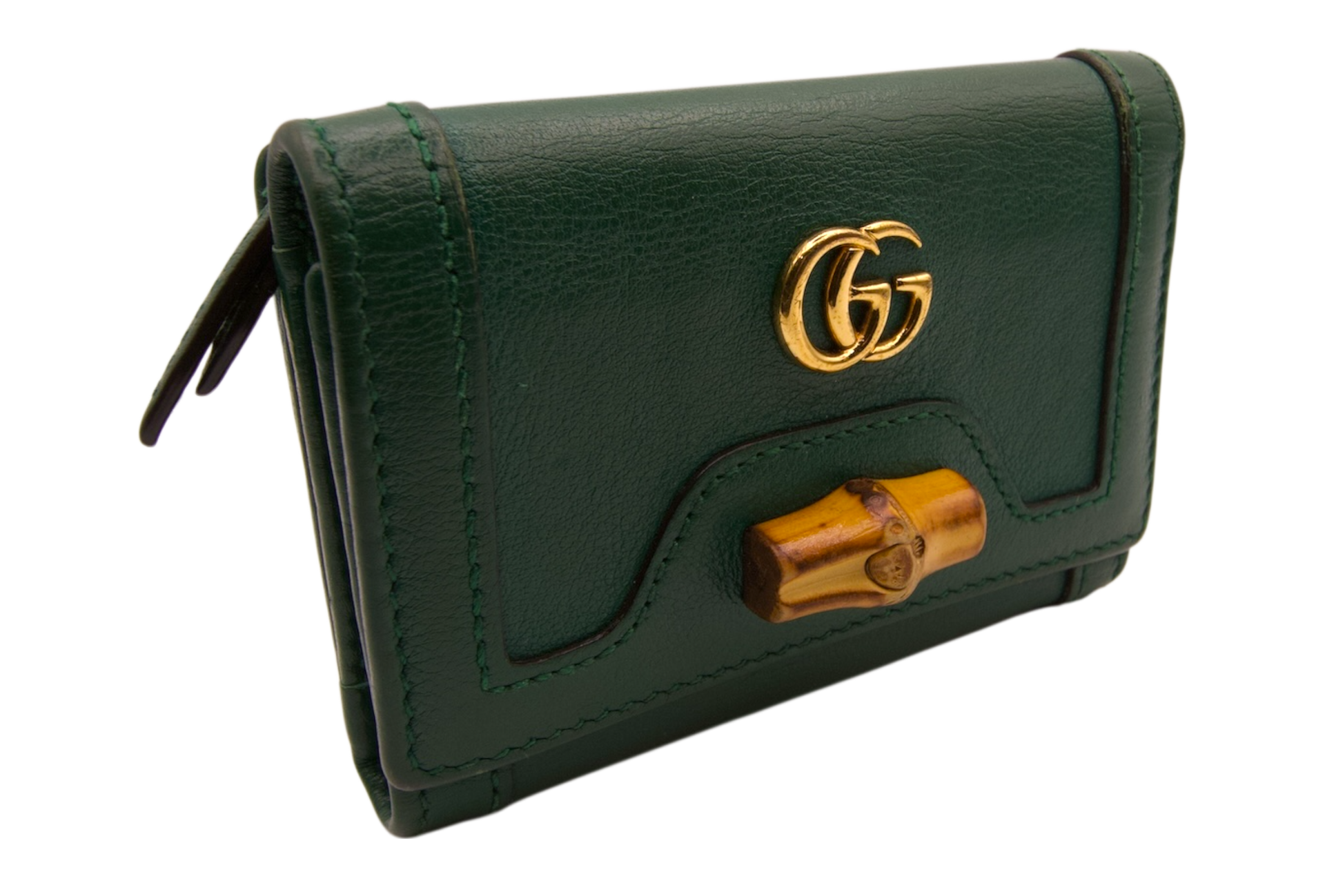 Gucci green leather wallet with bamboo accent