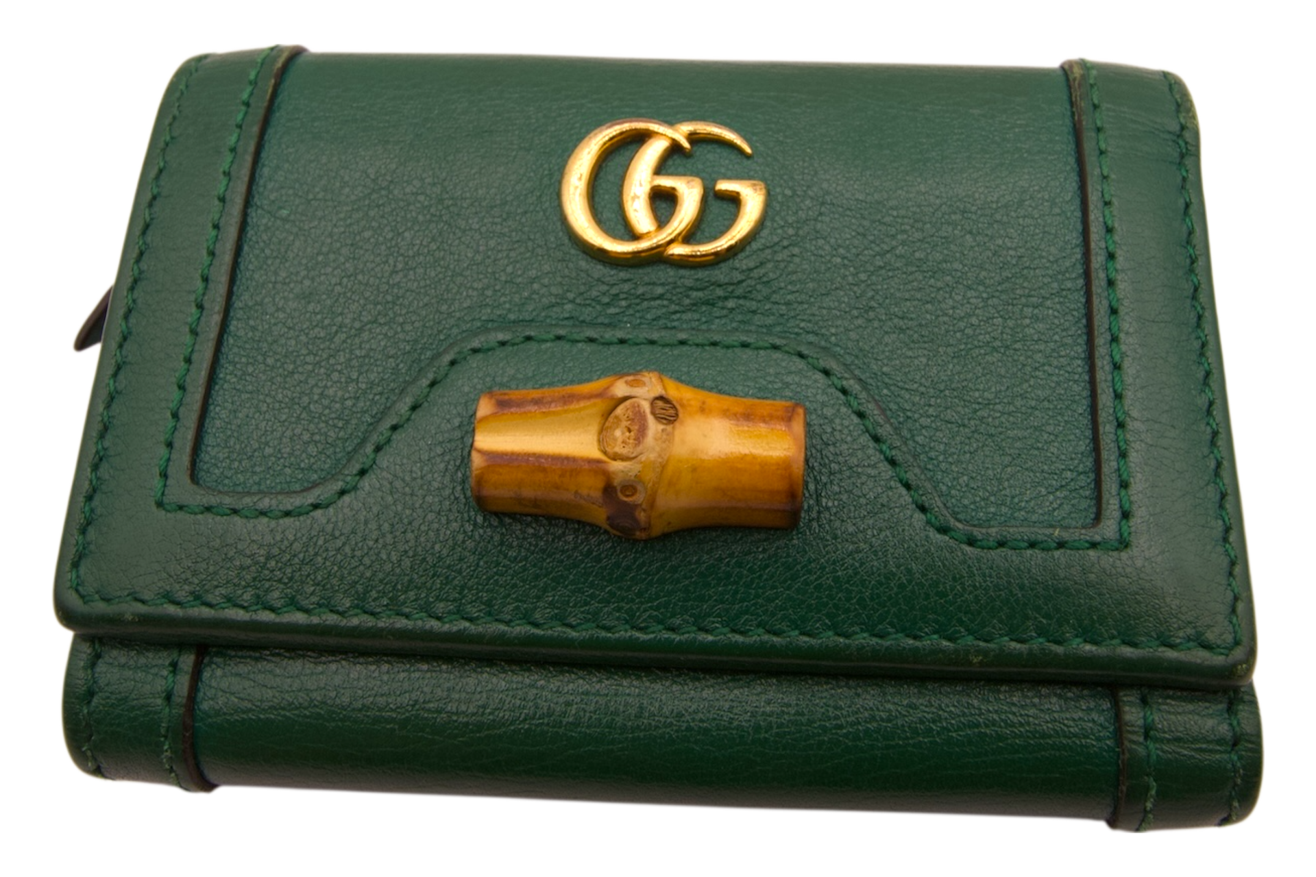 Gucci green leather wallet with bamboo accent