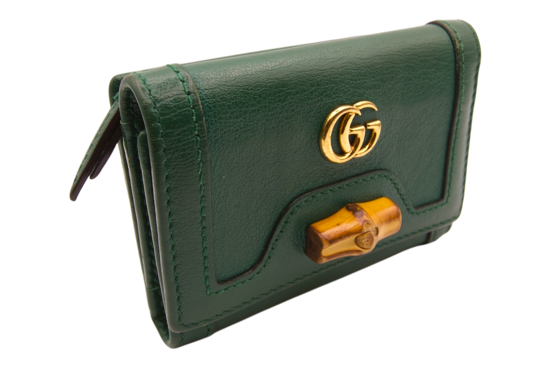 Gucci green leather wallet with bamboo accent