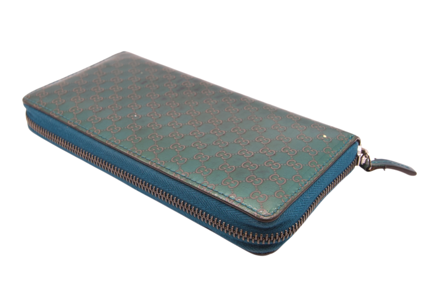 Gucci Guccissim Patent Leather Zip Wallet Teal