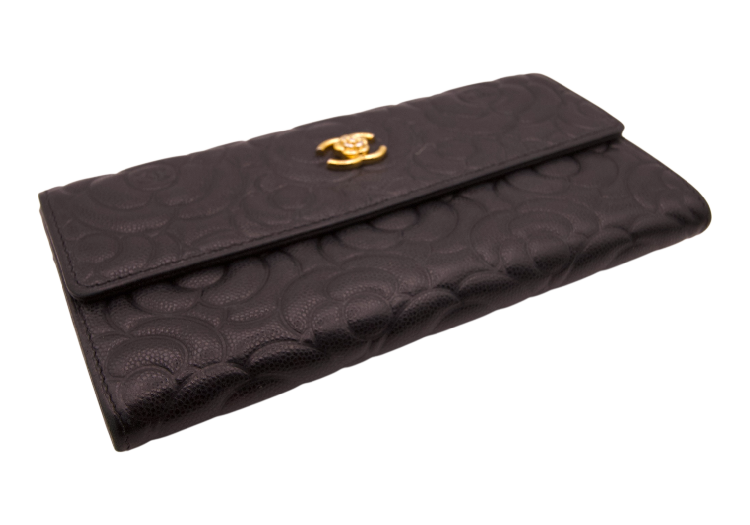 Chanel Camellia Embossed Flap Wallet Caviar Leather Black