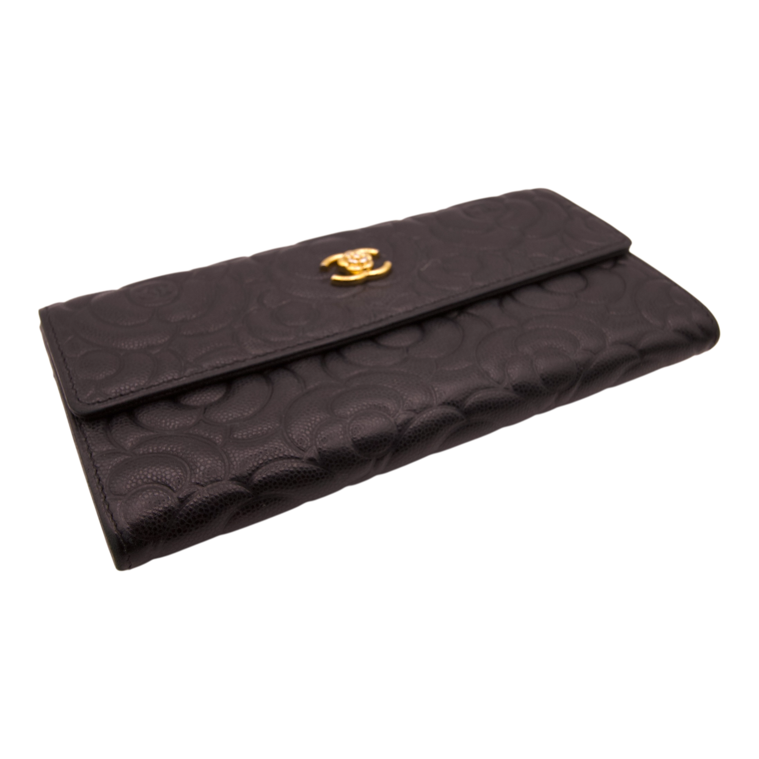 Chanel Camellia Embossed Flap Wallet Caviar Leather Black