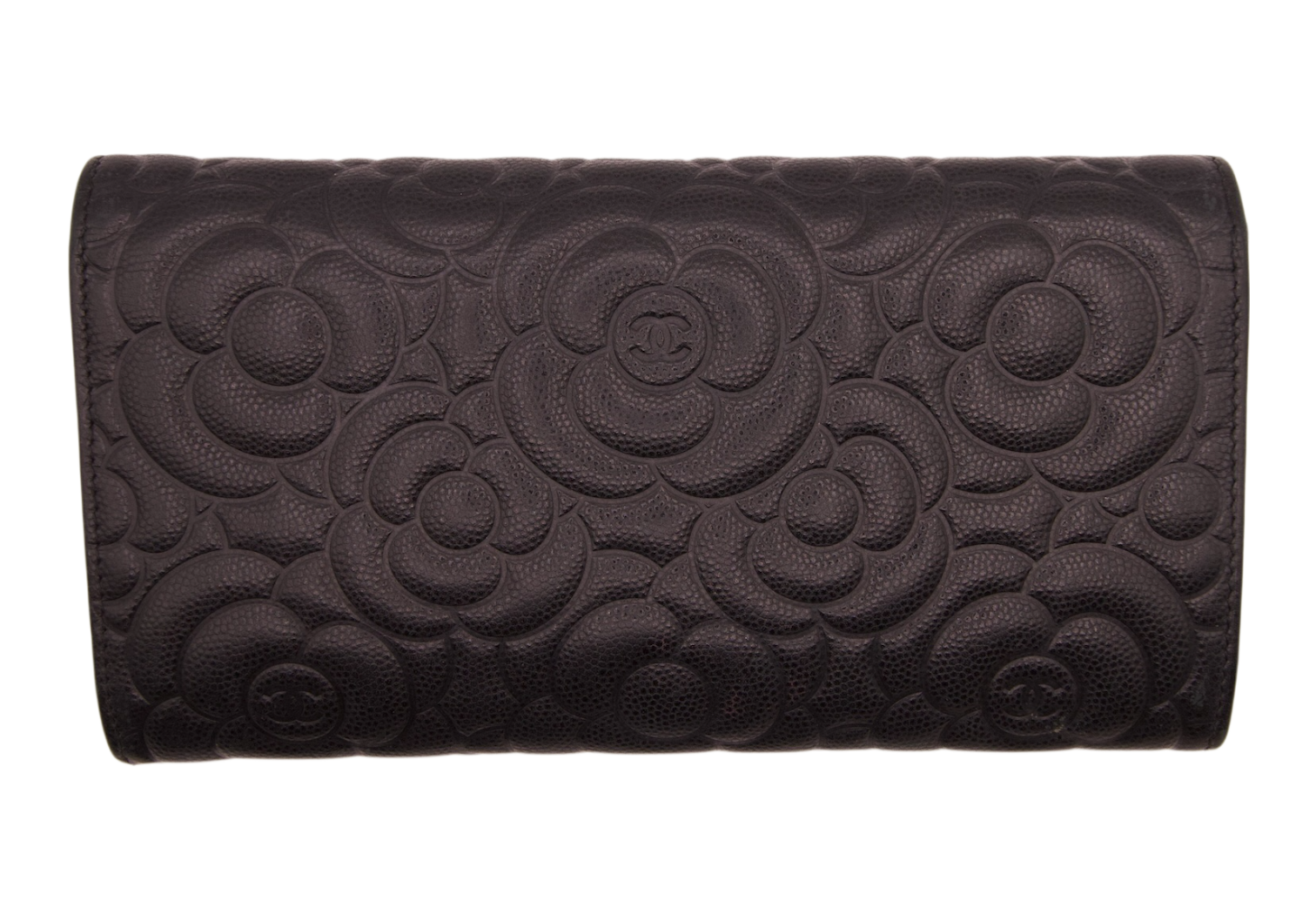 Chanel Camellia Embossed Flap Wallet Caviar Leather Black