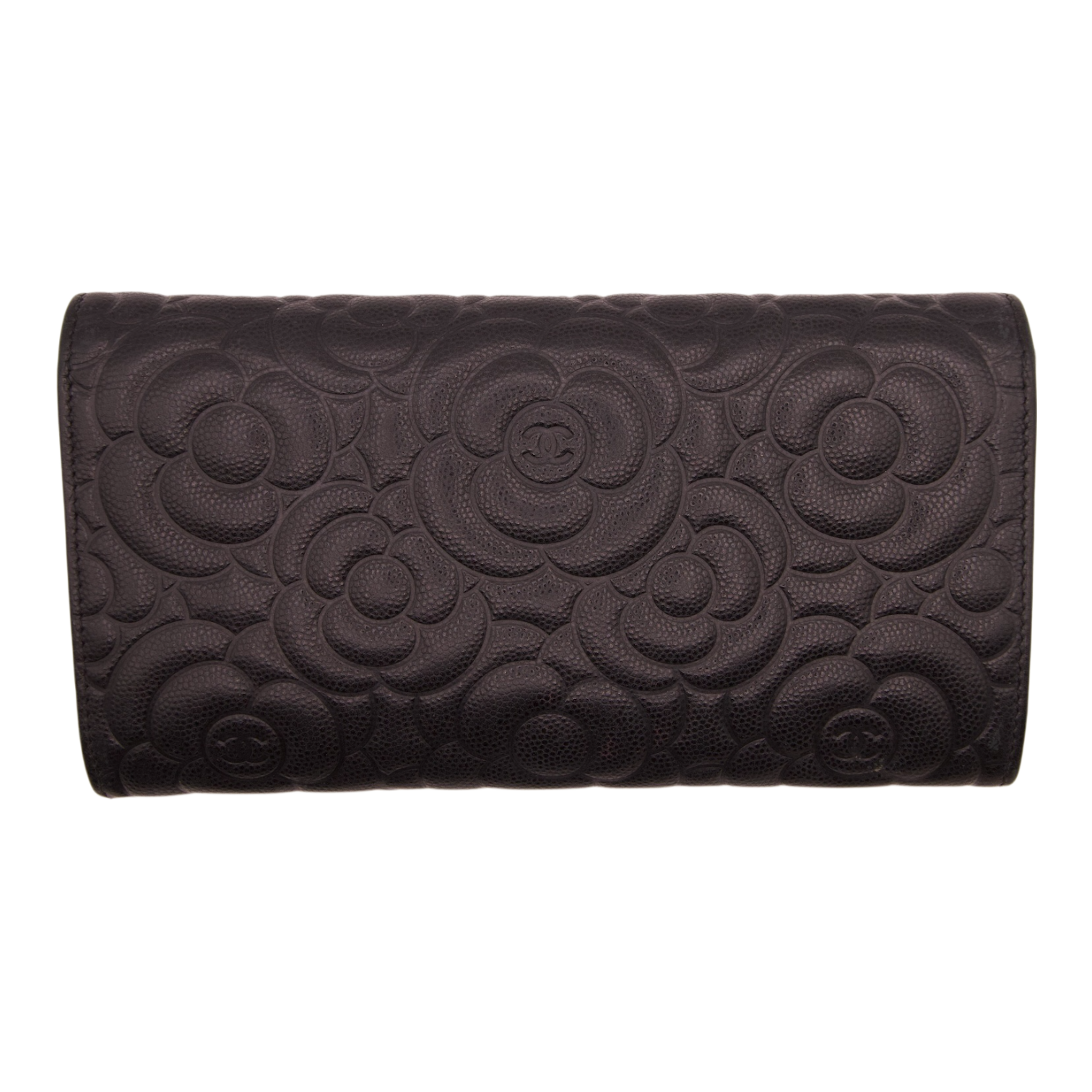 Chanel Camellia Embossed Flap Wallet Caviar Leather Black