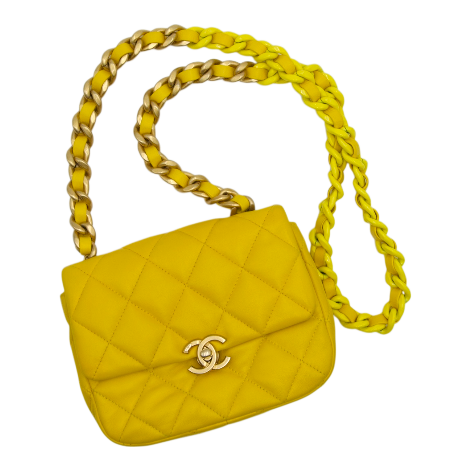 Chanel Quilted Puffer Bag with Tonal Chain, Yellow