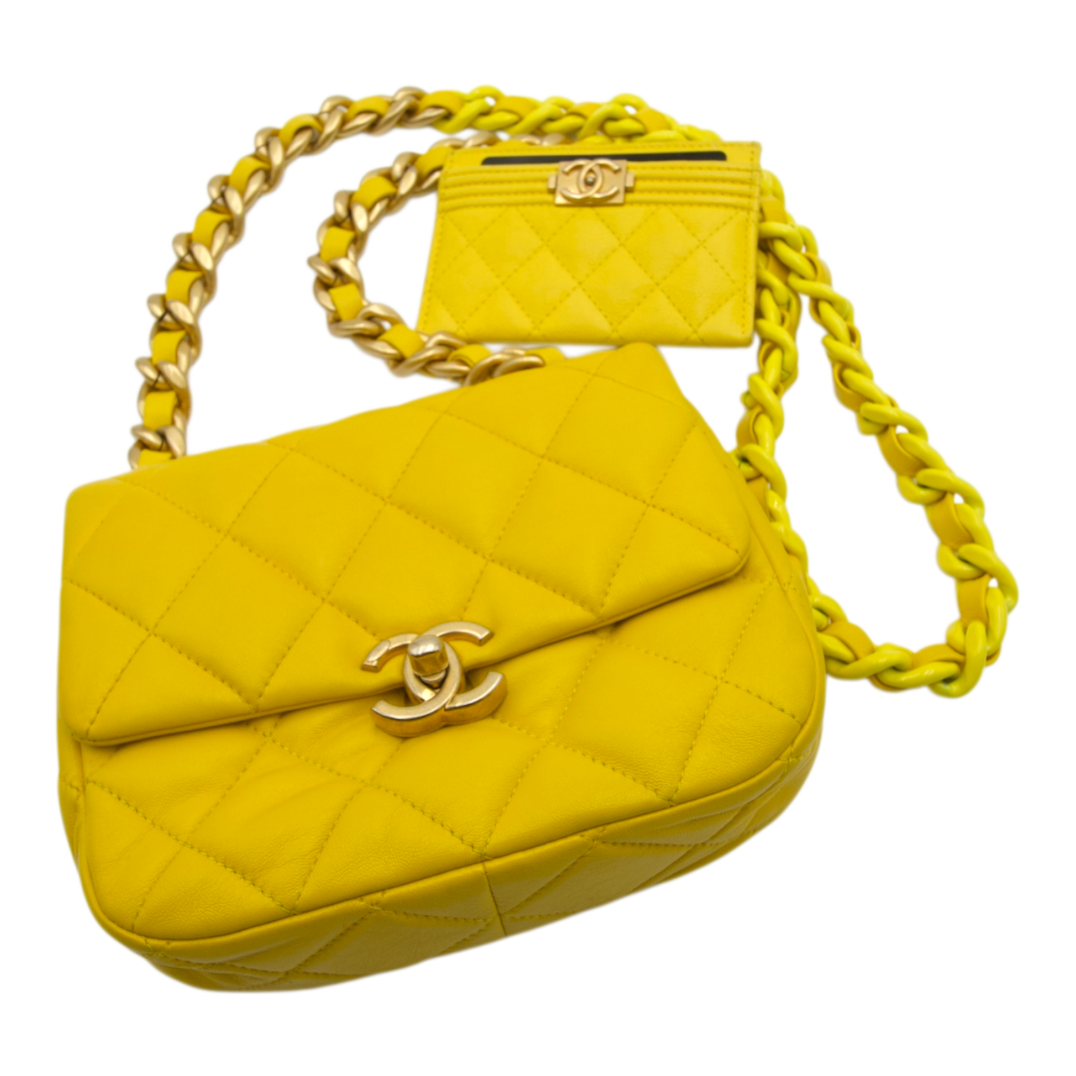 Chanel Quilted Puffer Bag with Tonal Chain, Yellow