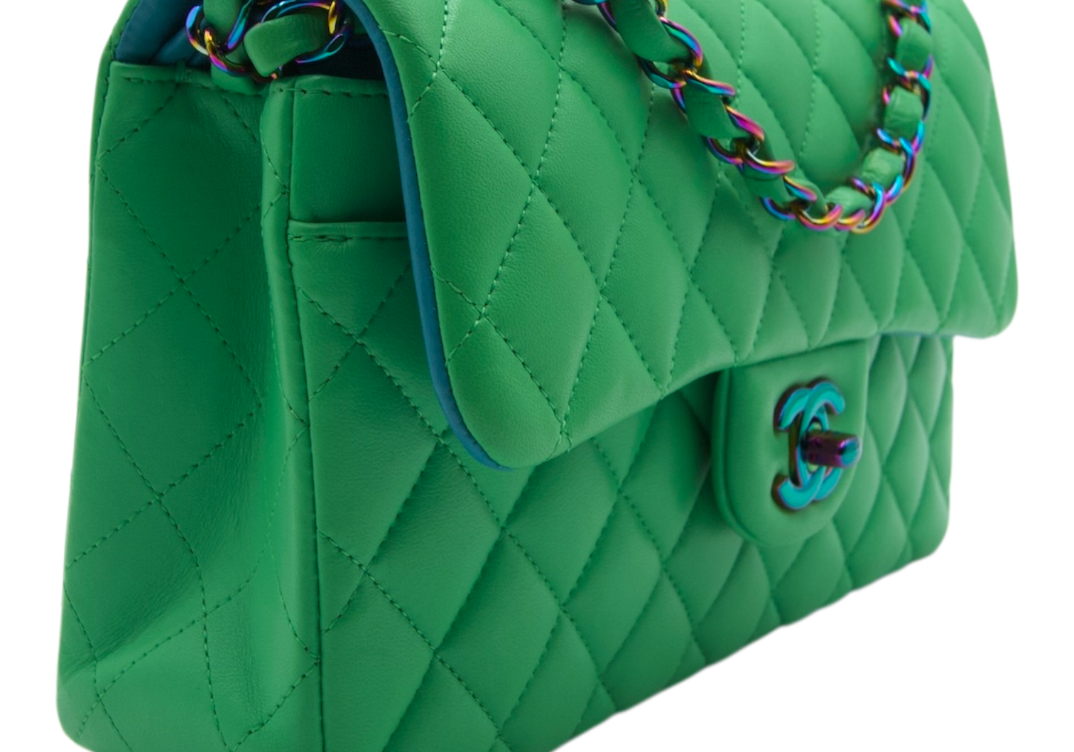 Chanel Double Flap Green Blue Lambskin  Iridescent Rainbow