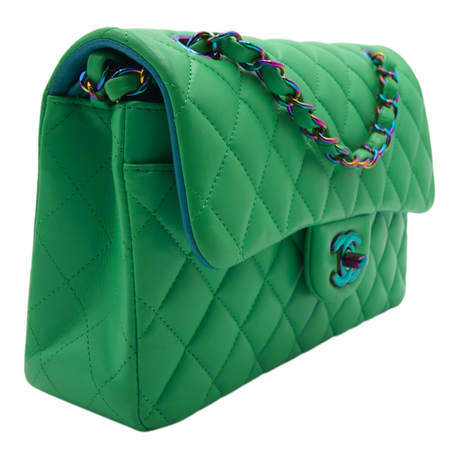 Chanel Double Flap Green Blue Lambskin  Iridescent Rainbow