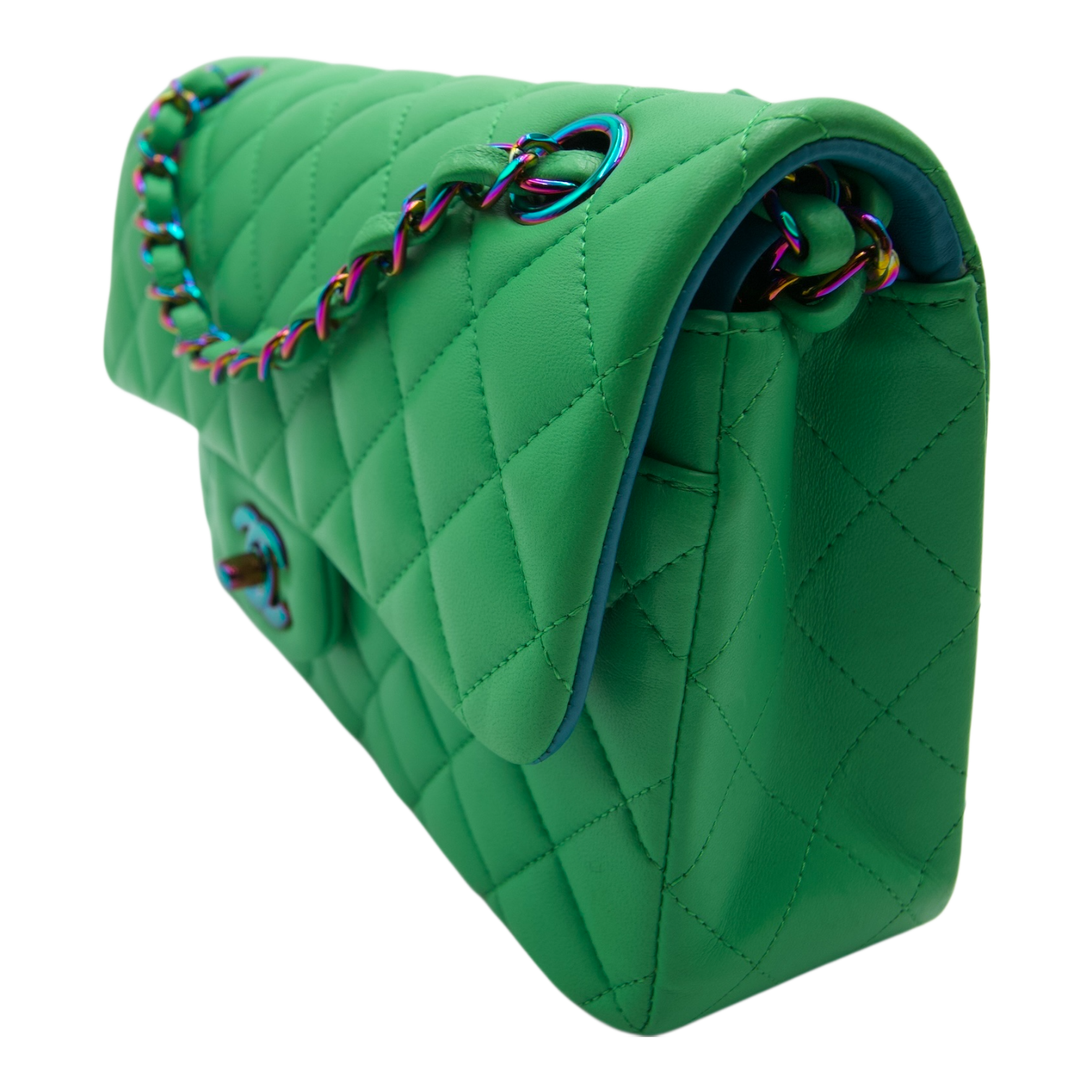 Chanel Double Flap Green Blue Lambskin  Iridescent Rainbow