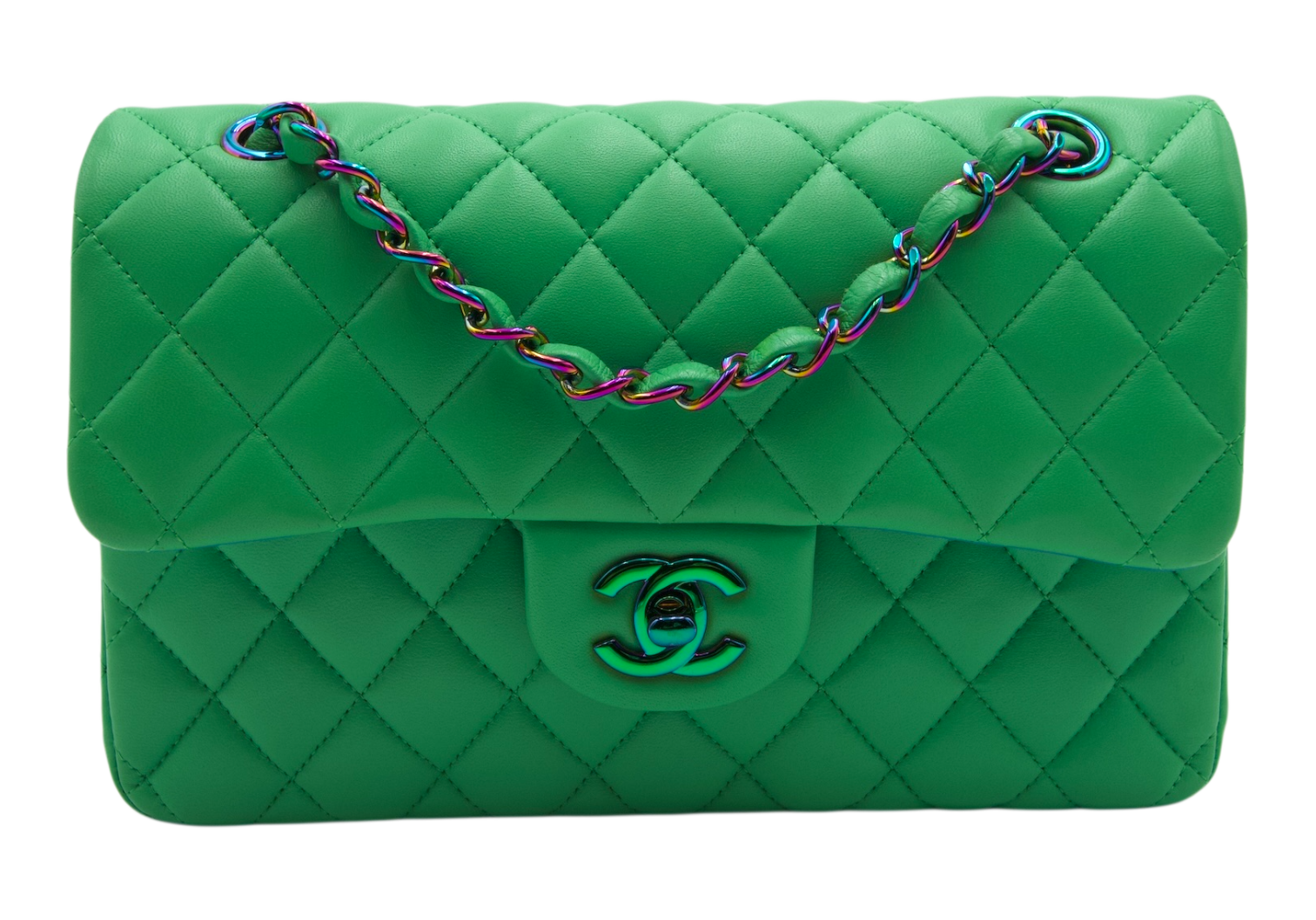 Chanel Double Flap Green Blue Lambskin  Iridescent Rainbow