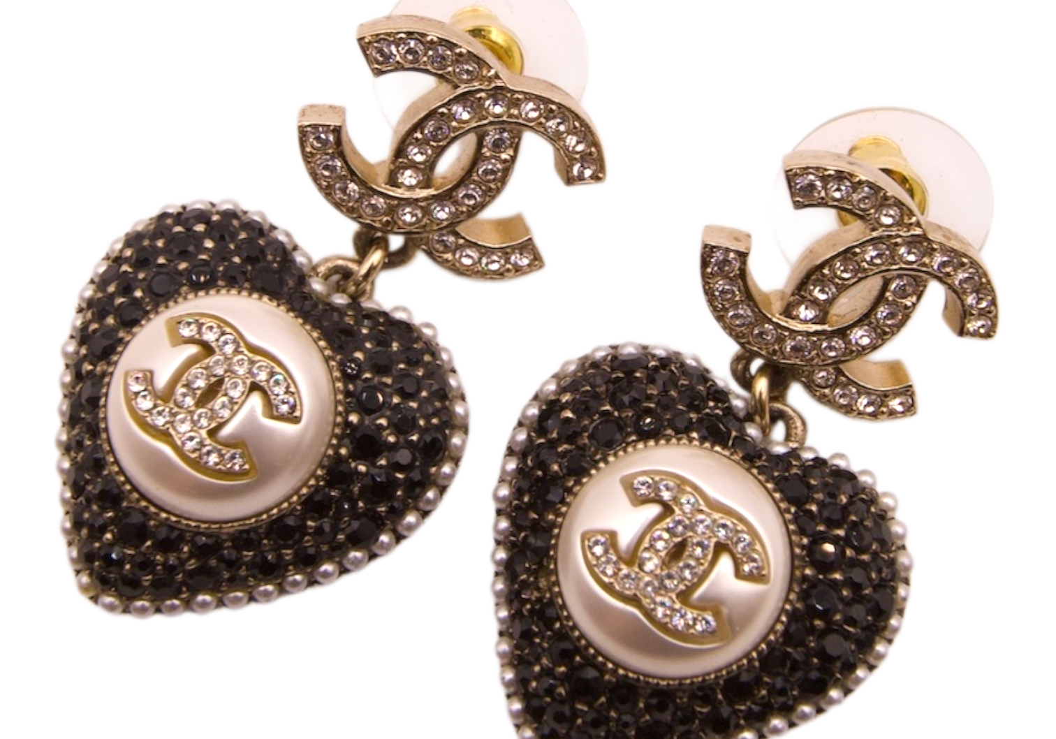 Chanel 22B CC Heart Drop Earrings Black Gold Pearl Crystal