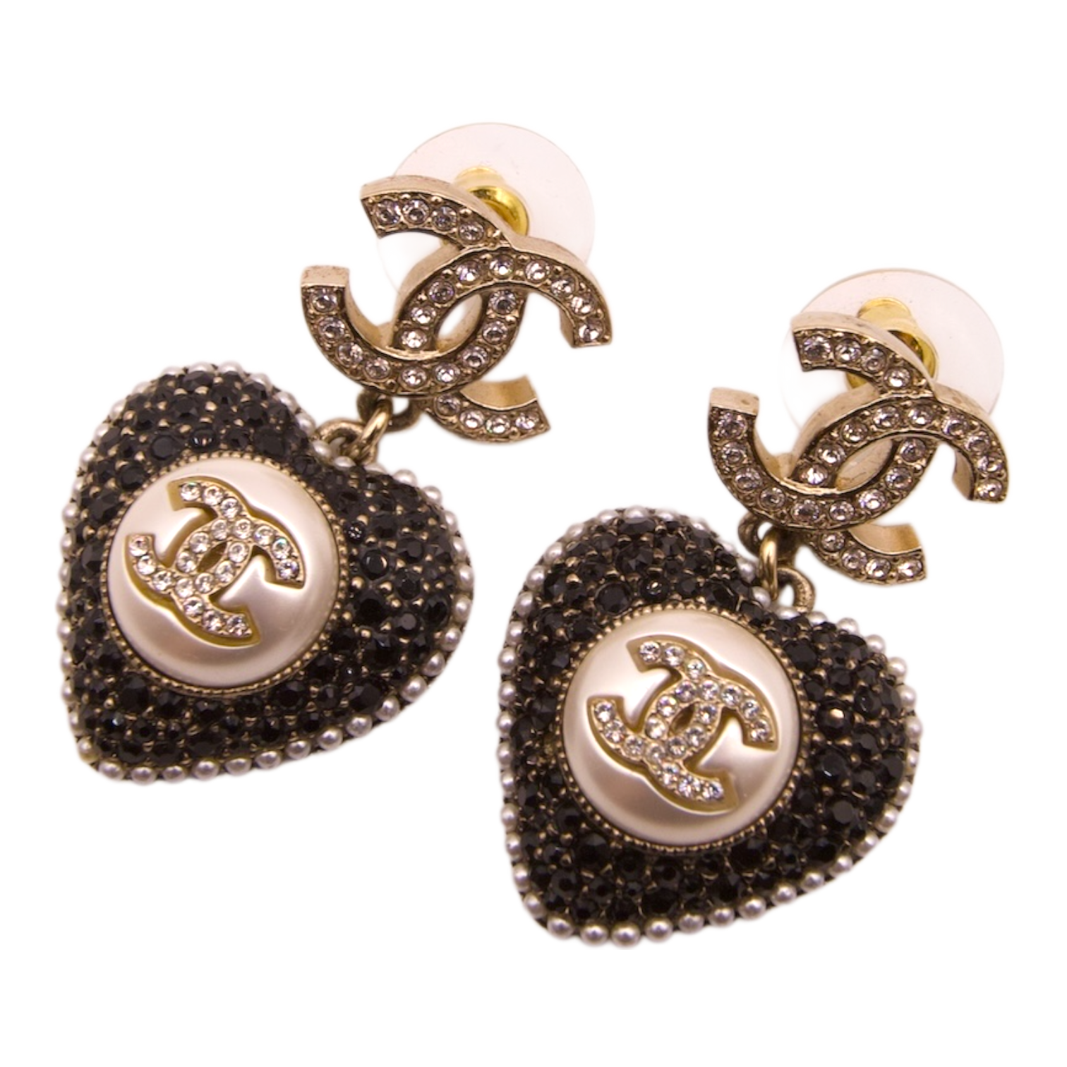 Chanel 22B CC Heart Drop Earrings Black Gold Pearl Crystal