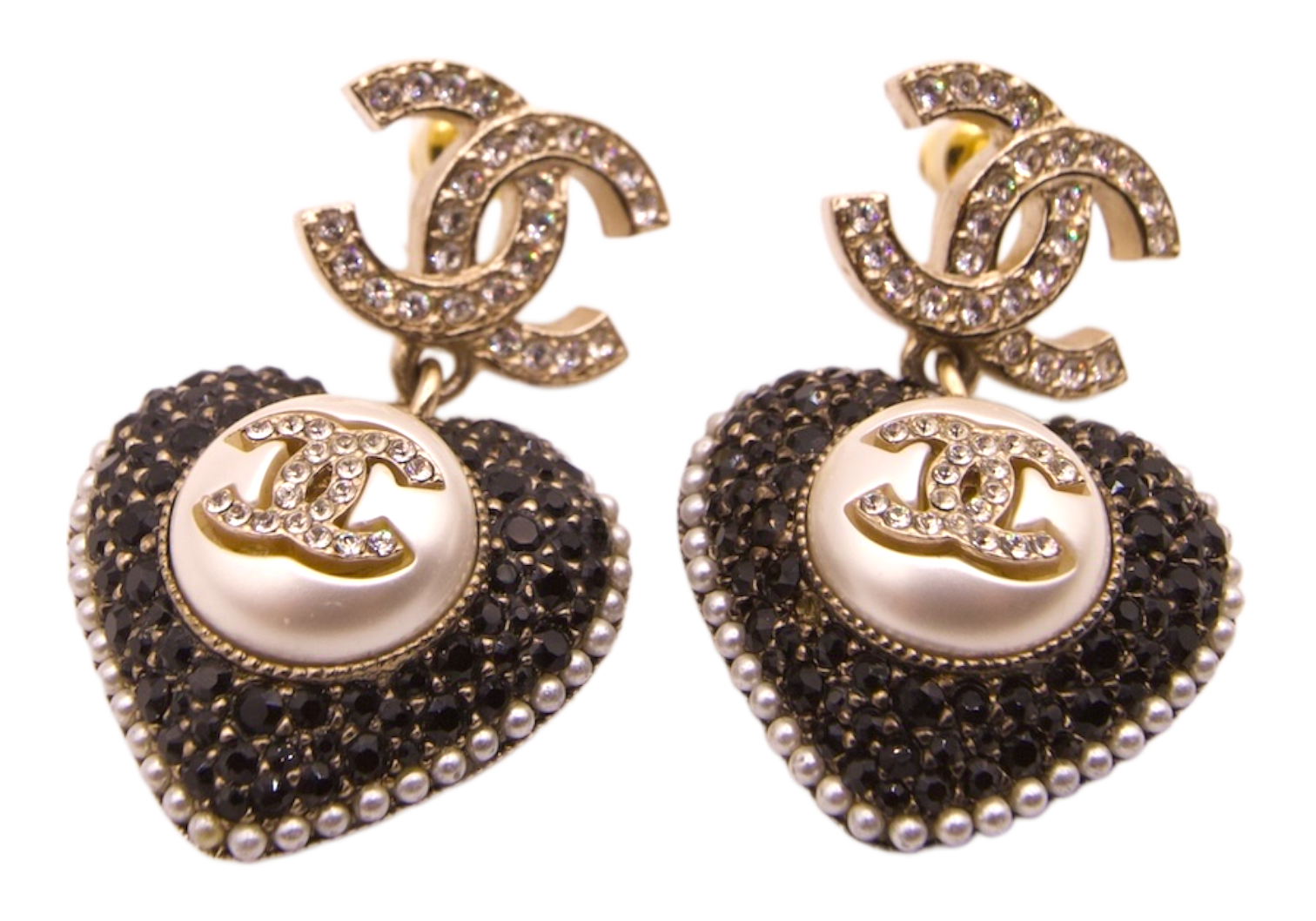 Chanel 22B CC Heart Drop Earrings Black Gold Pearl Crystal