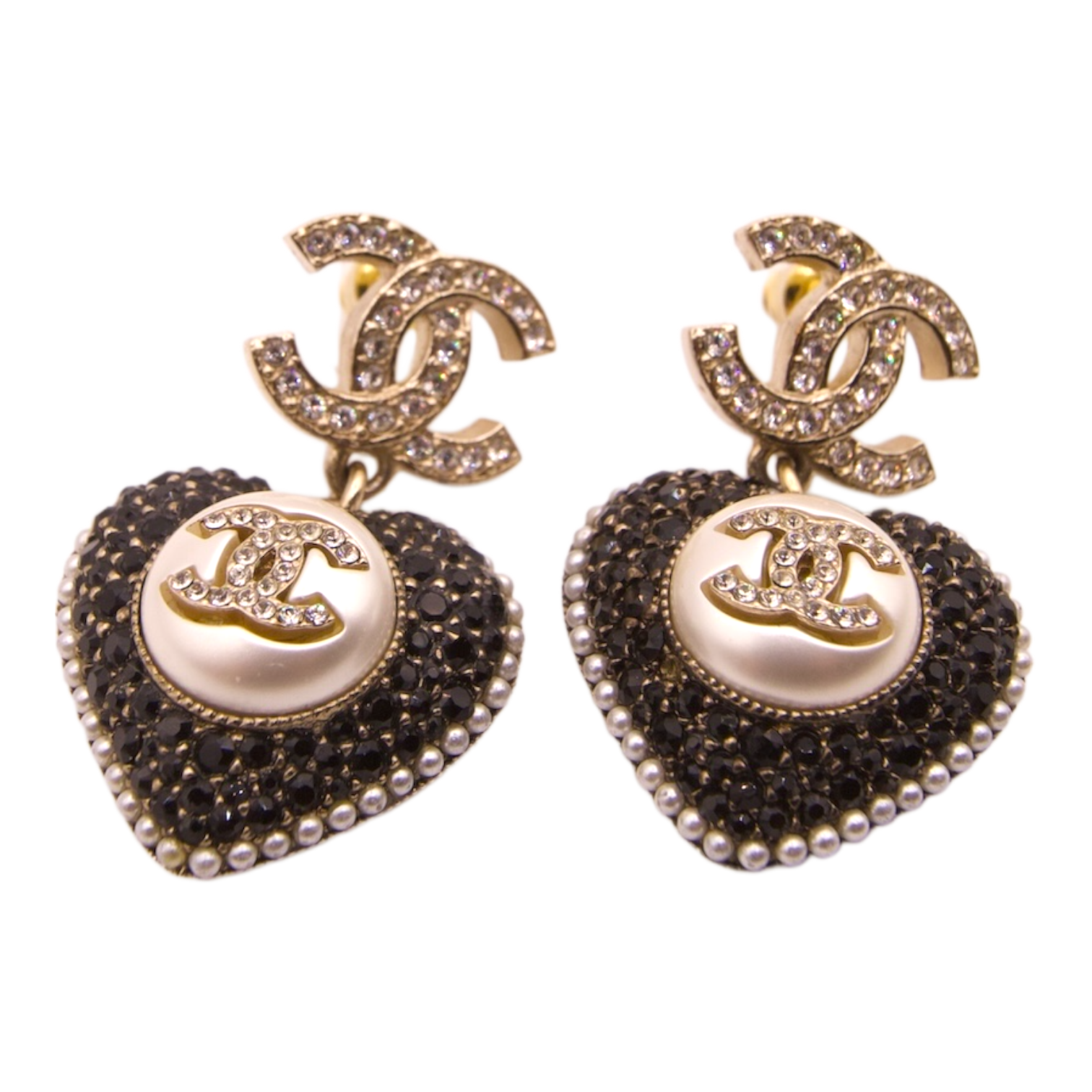 Chanel 22B CC Heart Drop Earrings Black Gold Pearl Crystal