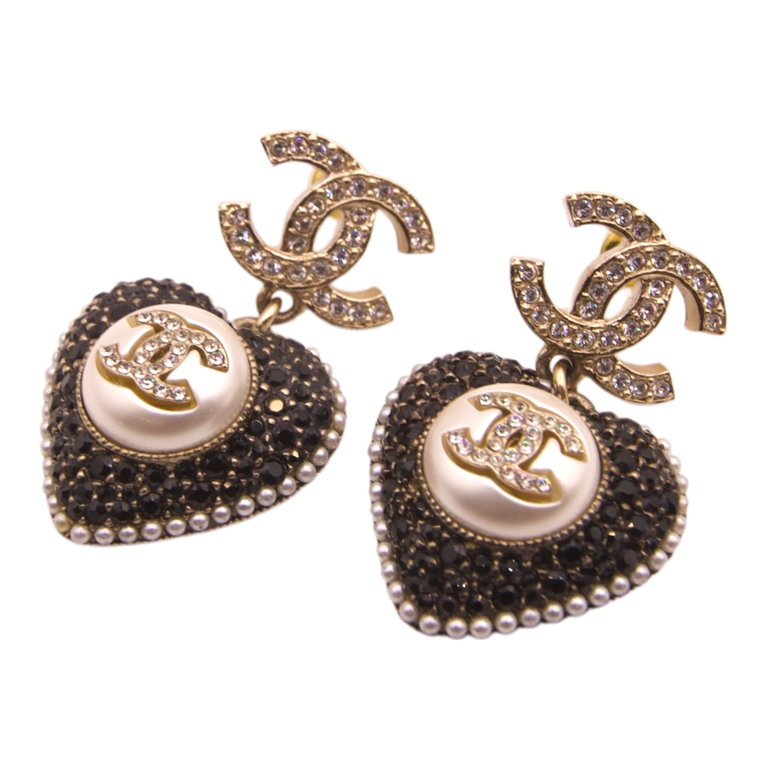 Chanel 22B CC Heart Drop Earrings Black Gold Pearl Crystal