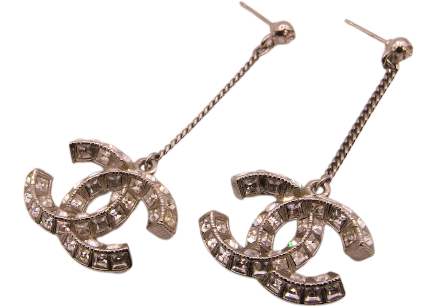 Chanel Crystal CC Drop Silver Tone Earrings