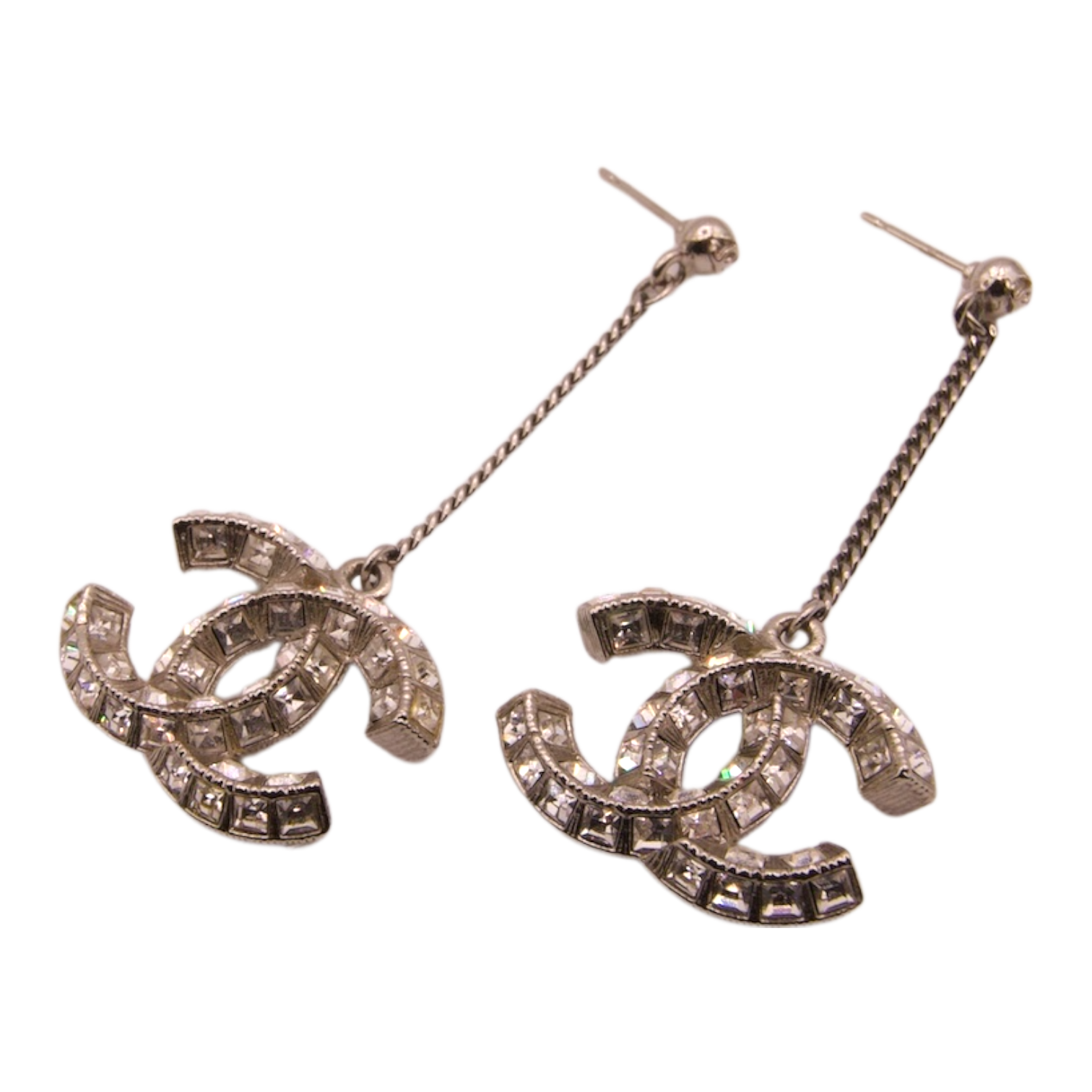 Chanel Crystal CC Drop Silver Tone Earrings