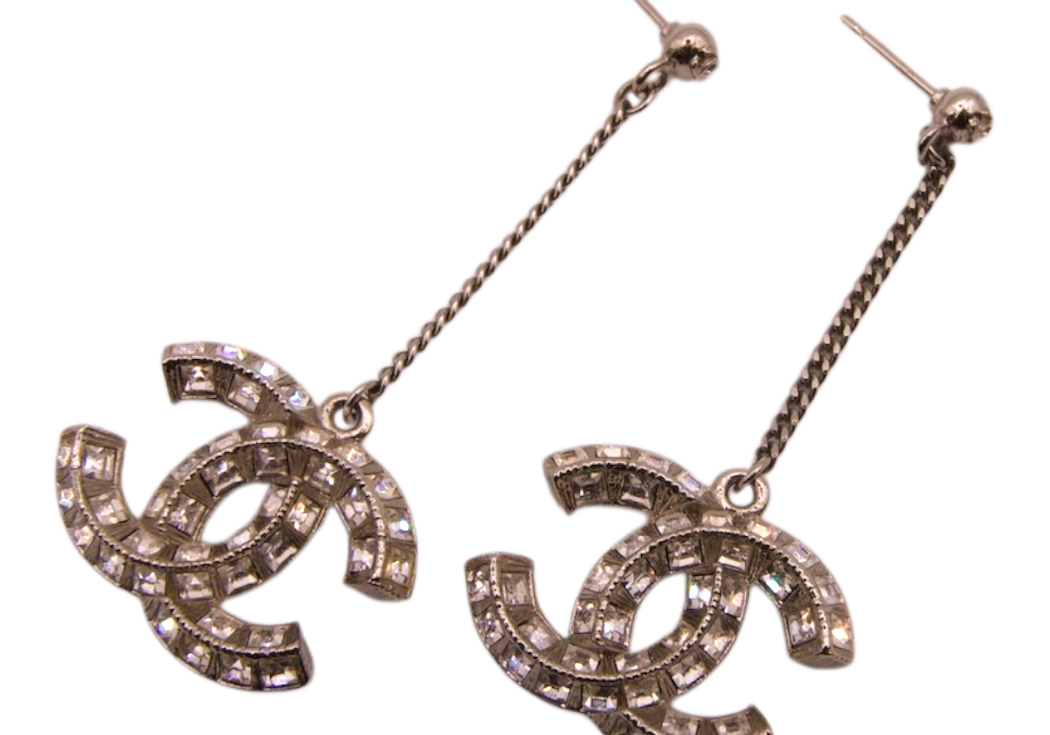 Chanel Crystal CC Drop Silver Tone Earrings
