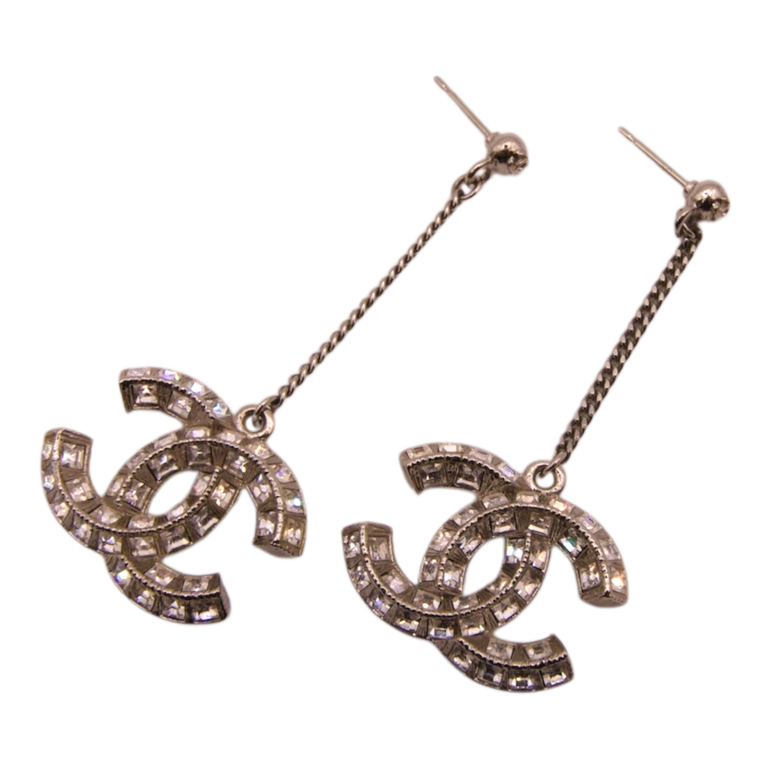 Chanel Crystal CC Drop Silver Tone Earrings