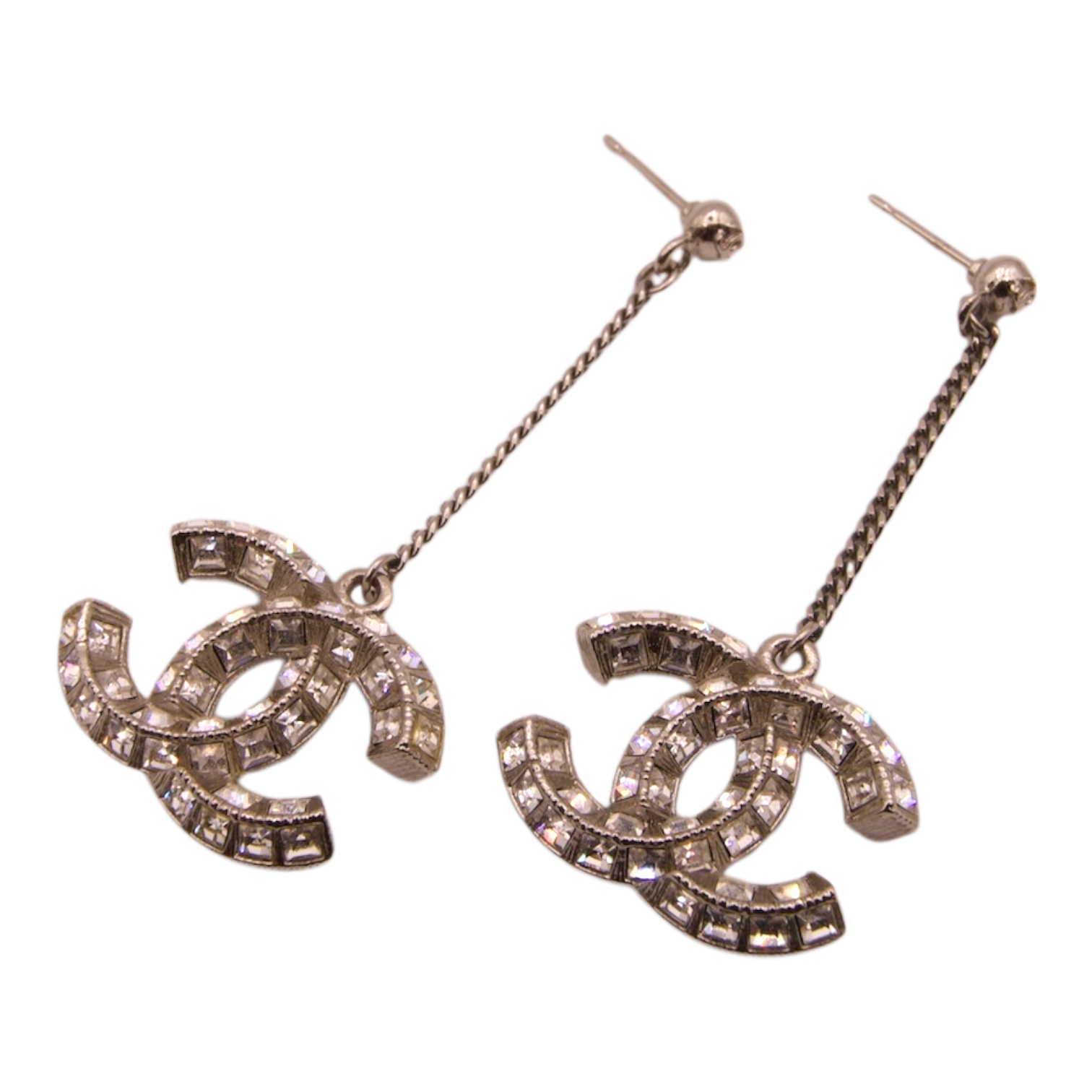 Chanel Crystal CC Drop Silver Tone Earrings