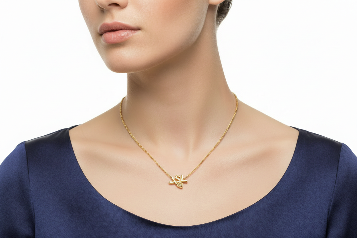 Gold bracelet with a heart and cross pendant on a white background